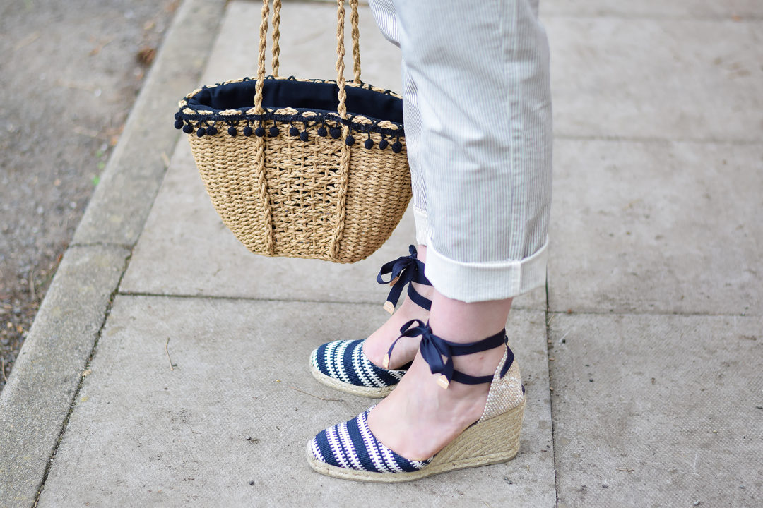 Striped trousers outfit ideas with castaner espadrilles