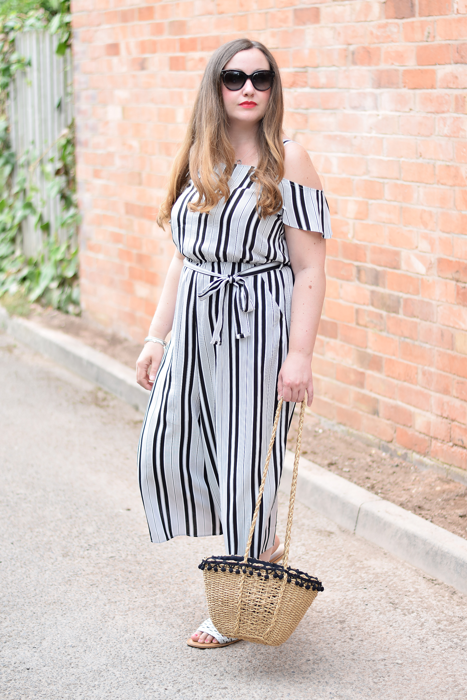 A zara basket bag with striped jumpsuit and asos sliders
