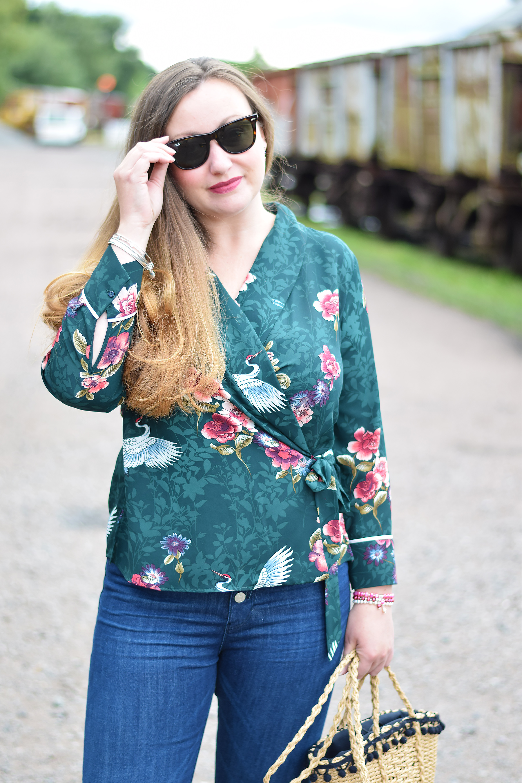 ZARA GREEN FLORAL WRAP BLOUSE WITH HERONS