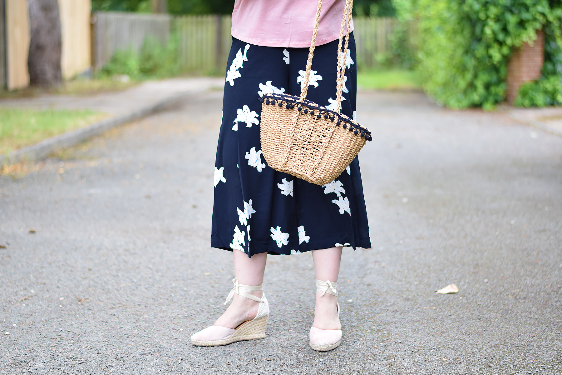 Zara basket bag with pom pom trim and floral culottes