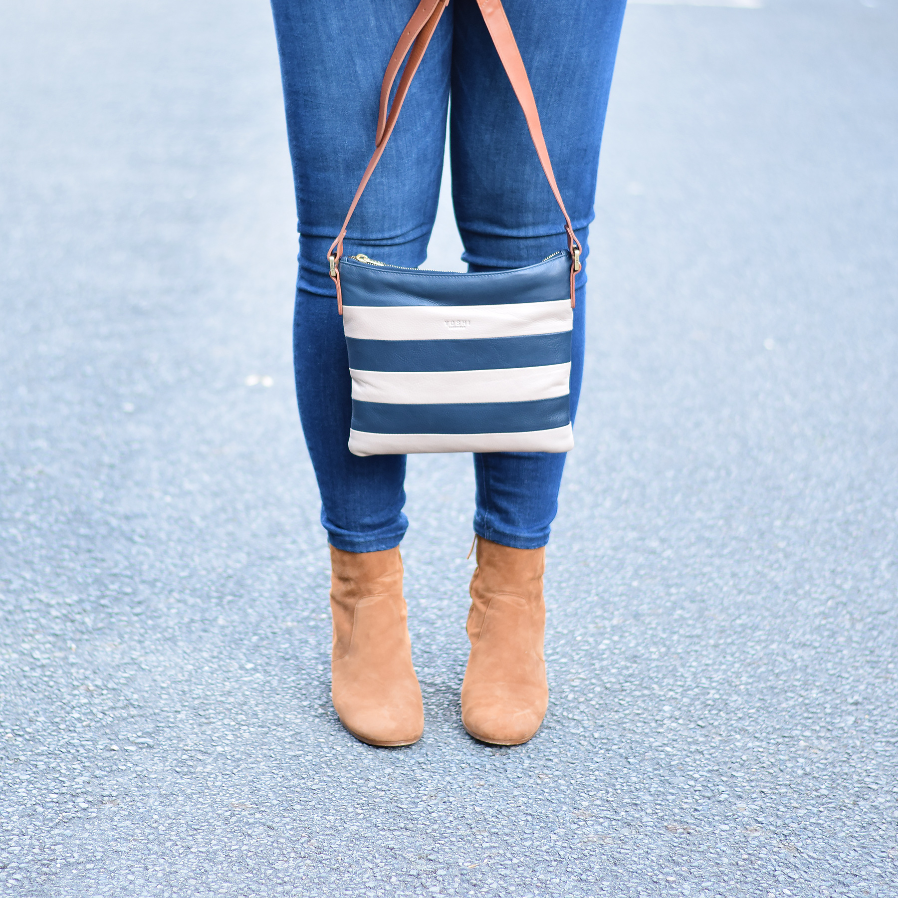 Yoshi Litchfield Marty Stripe Navy And Biscuit Leather Cross Body Bag and Massimo Tutti Ankle Boots With Zara Skinny Jeans