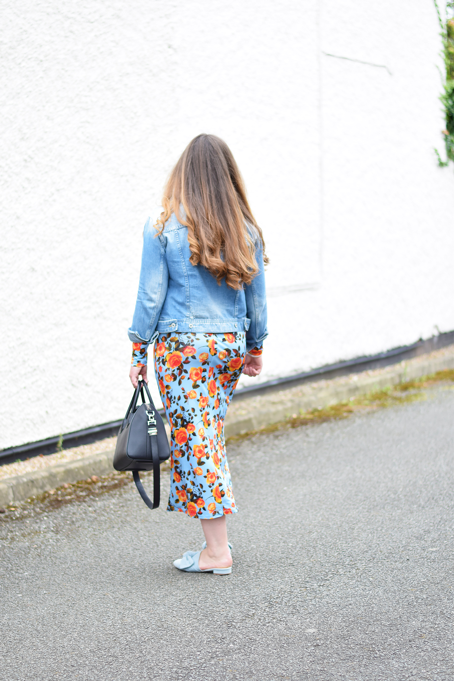 Zara blue floral dress with denim jacket and shoes
