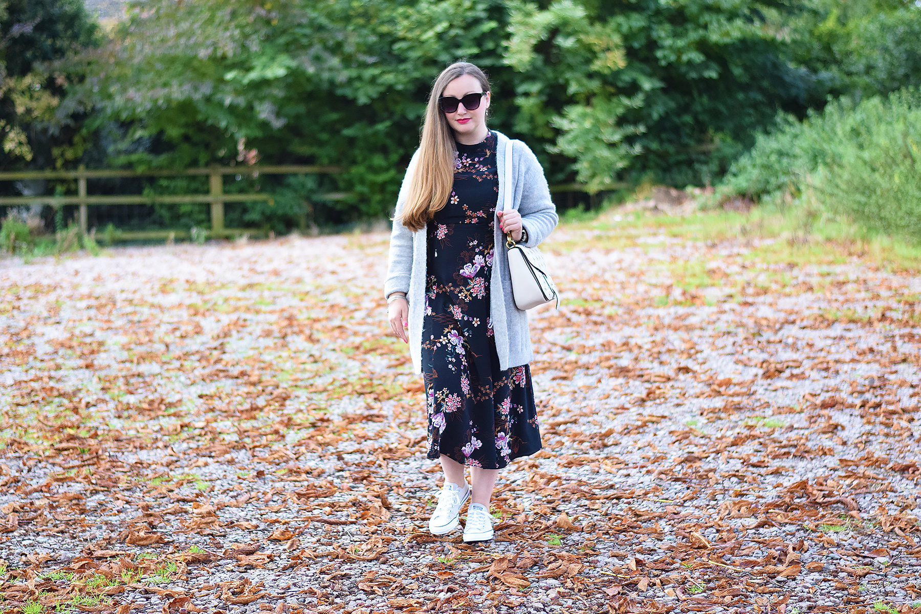 Winter Floral Midi Dress With converse and a cozy cardigan