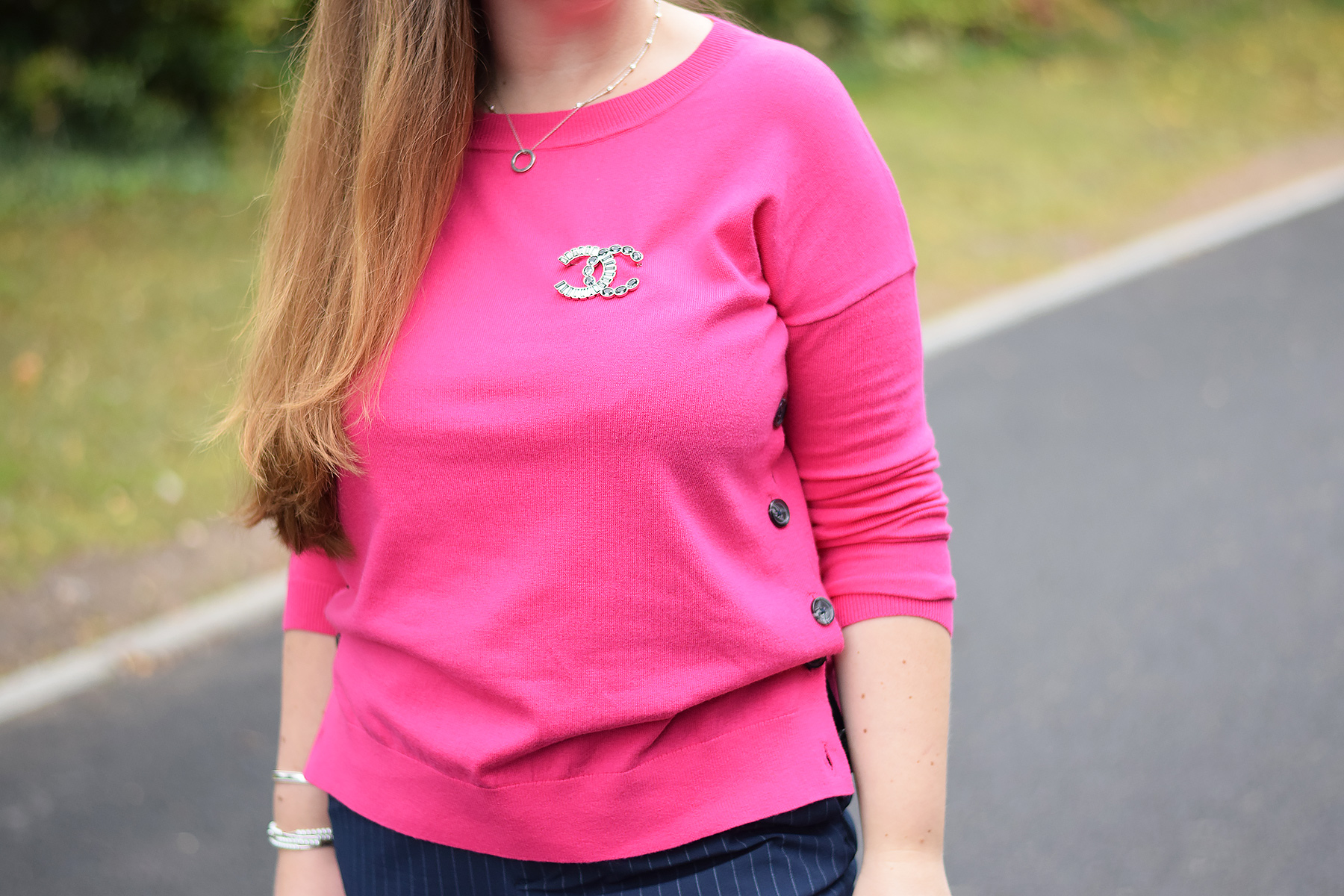 Boden Grace button sweater in a bright pink colour and Chanel diamanté brooch