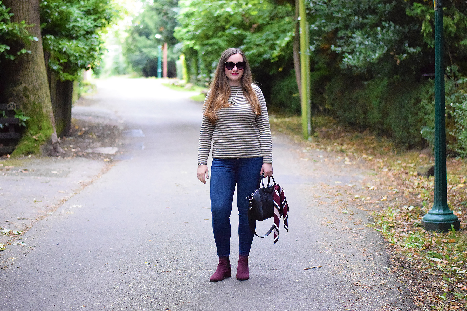 Tulchan Green Striped top with Zara jeans and Boden burgundy boots