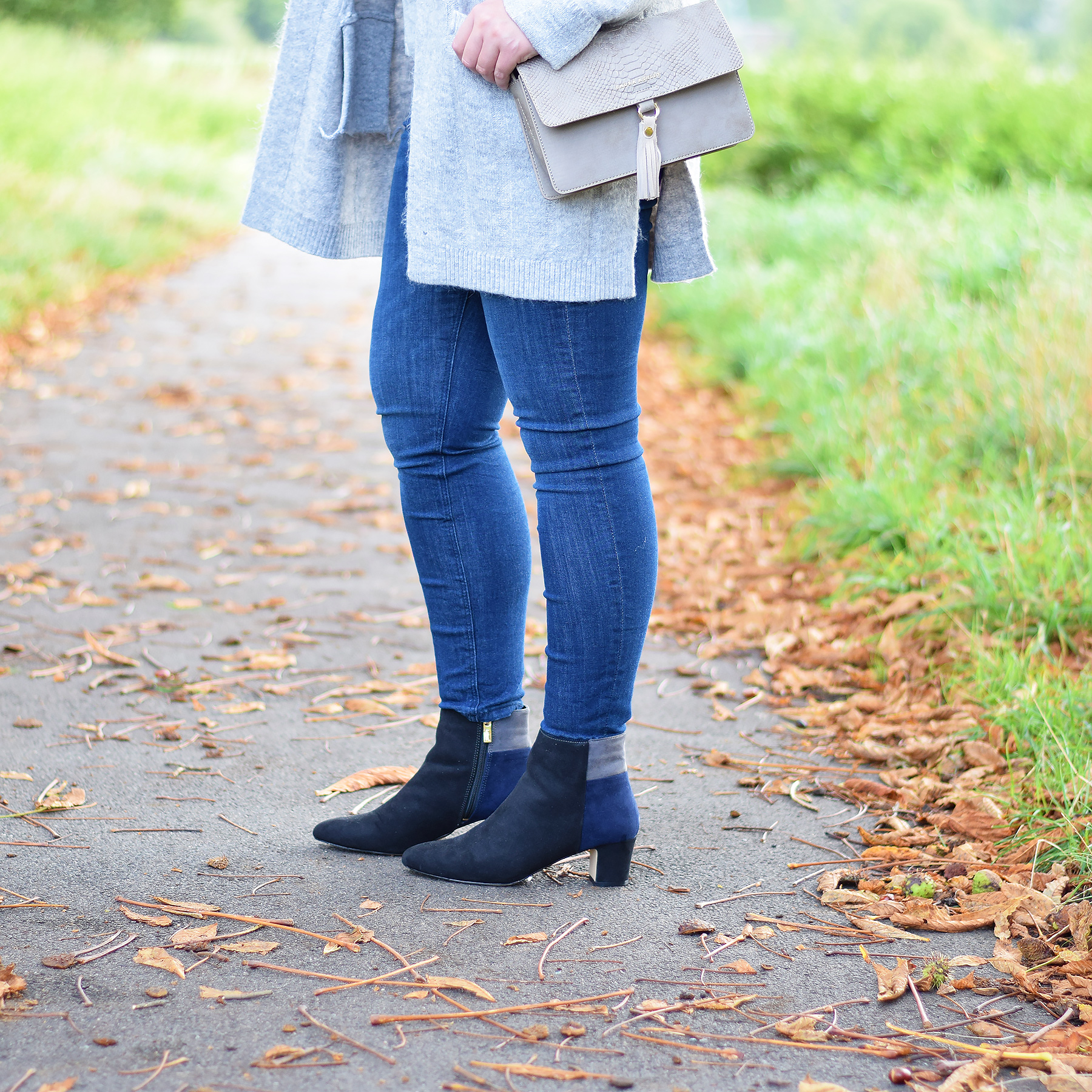 Lotus Colourblock Mid Heel ankle boots in black navy and grey