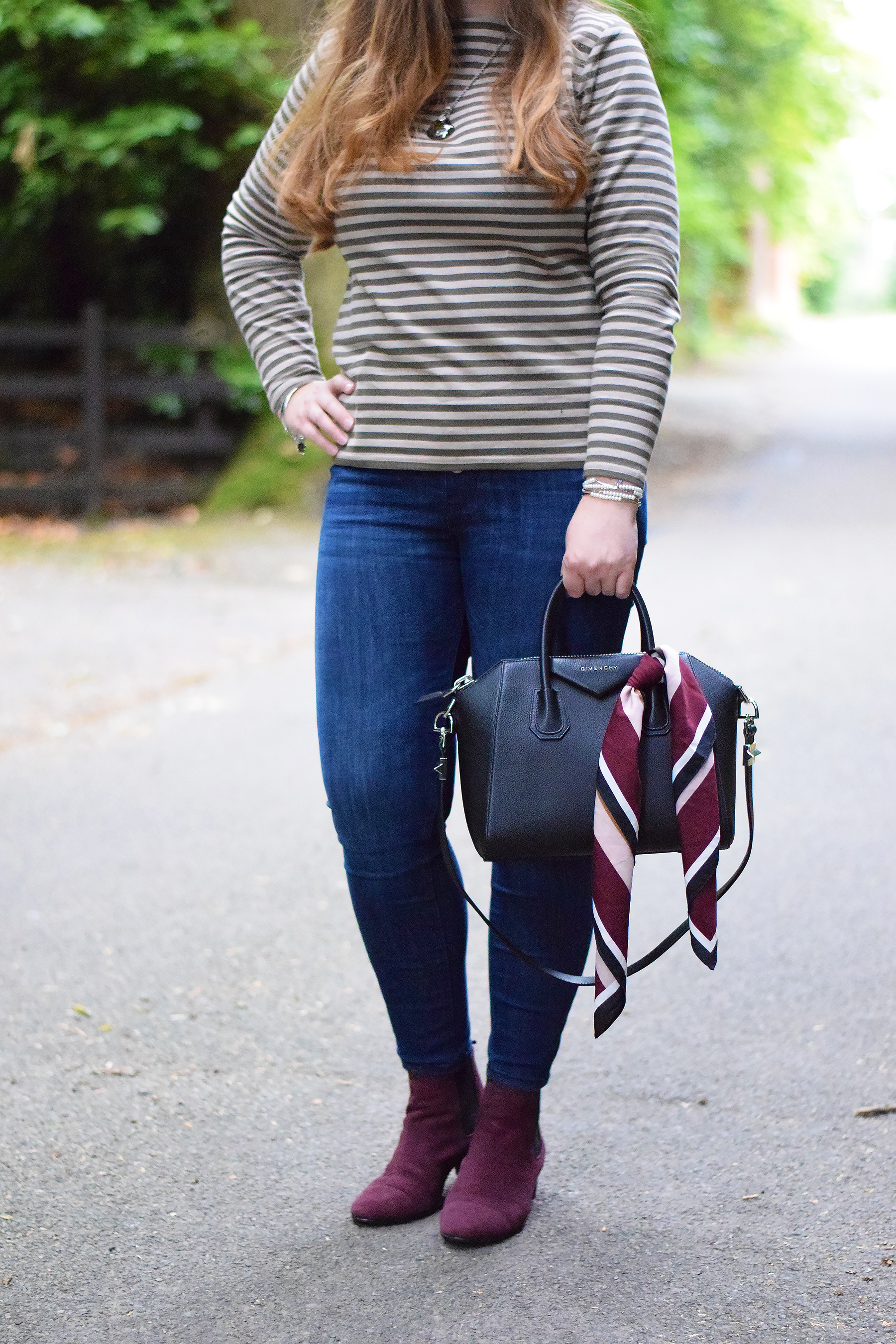 Boden Henley Ankle Boots in oxblood with green striped top