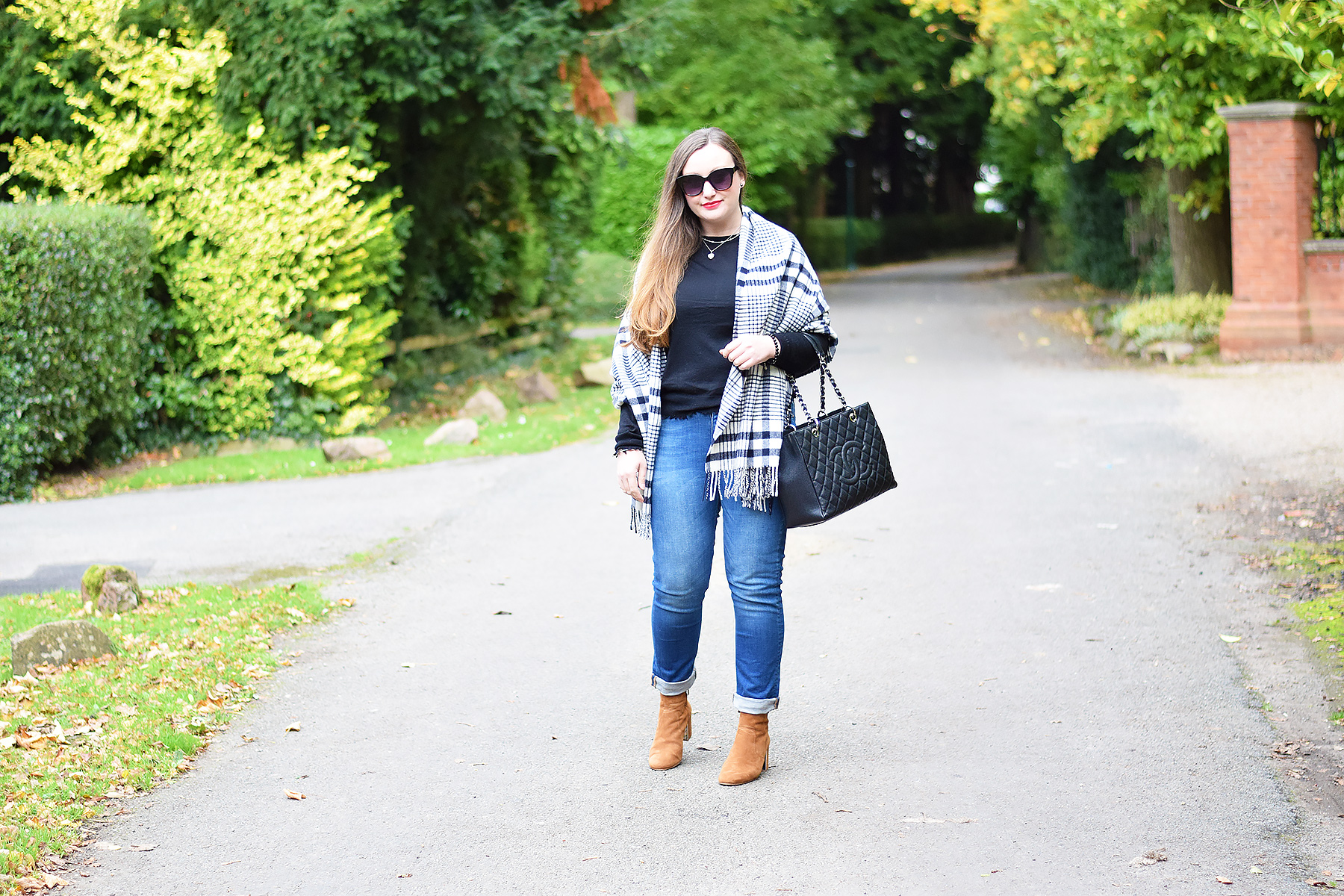 Boden Cavendish girlfriend jeans with acne studios scarf and Chanel GST