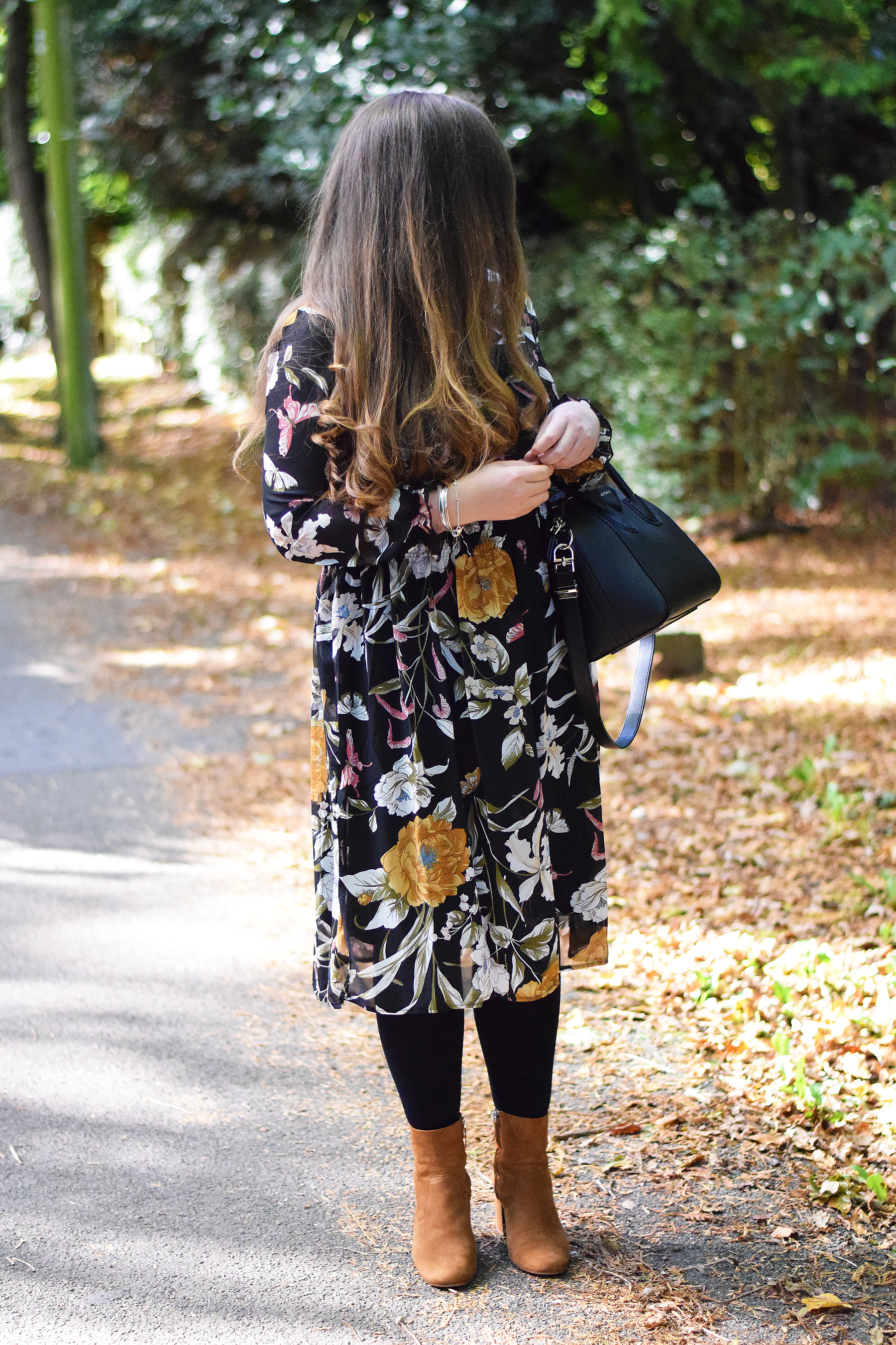 Black floral dress with orange and white