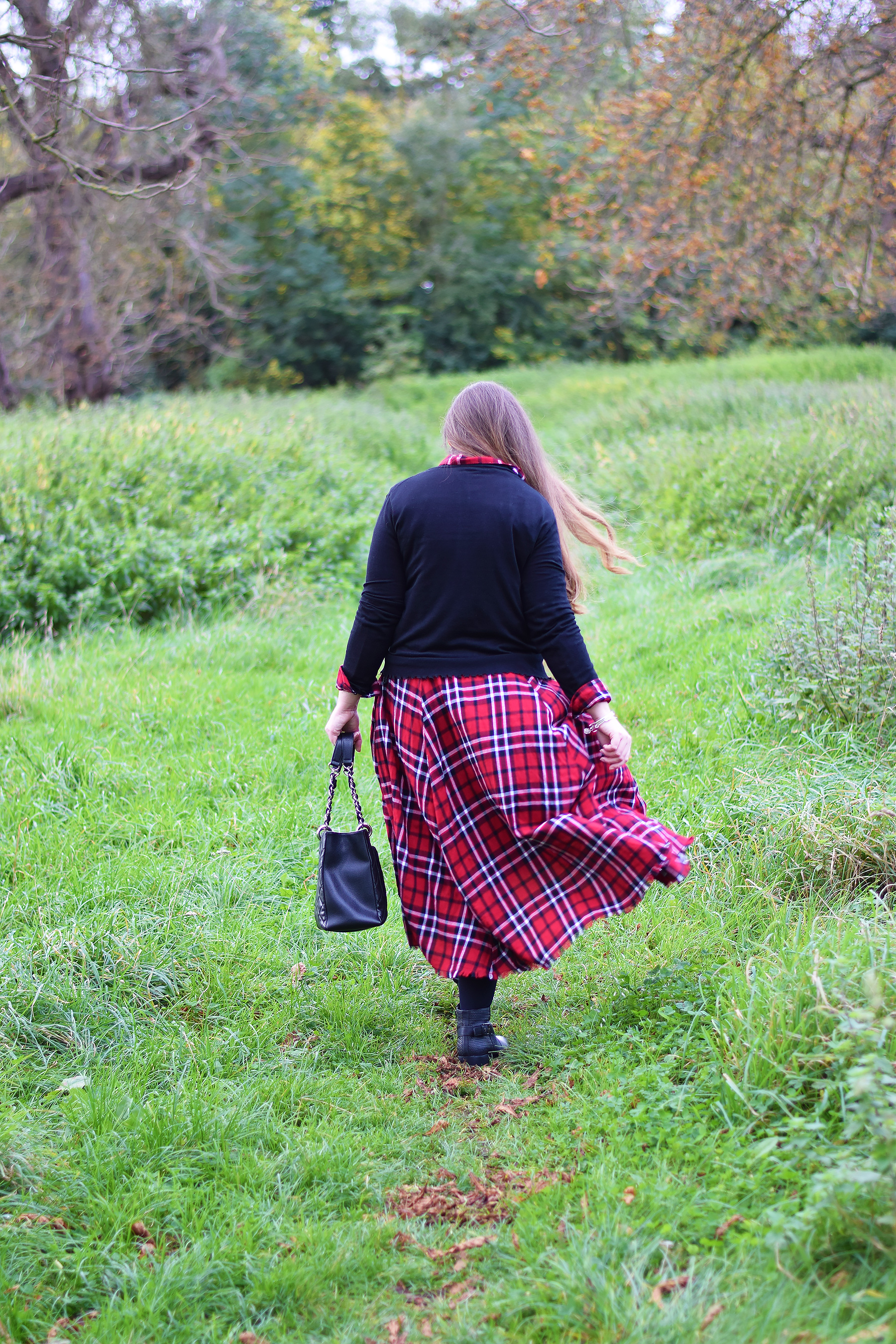 Red plaid maxi length dress outfit 