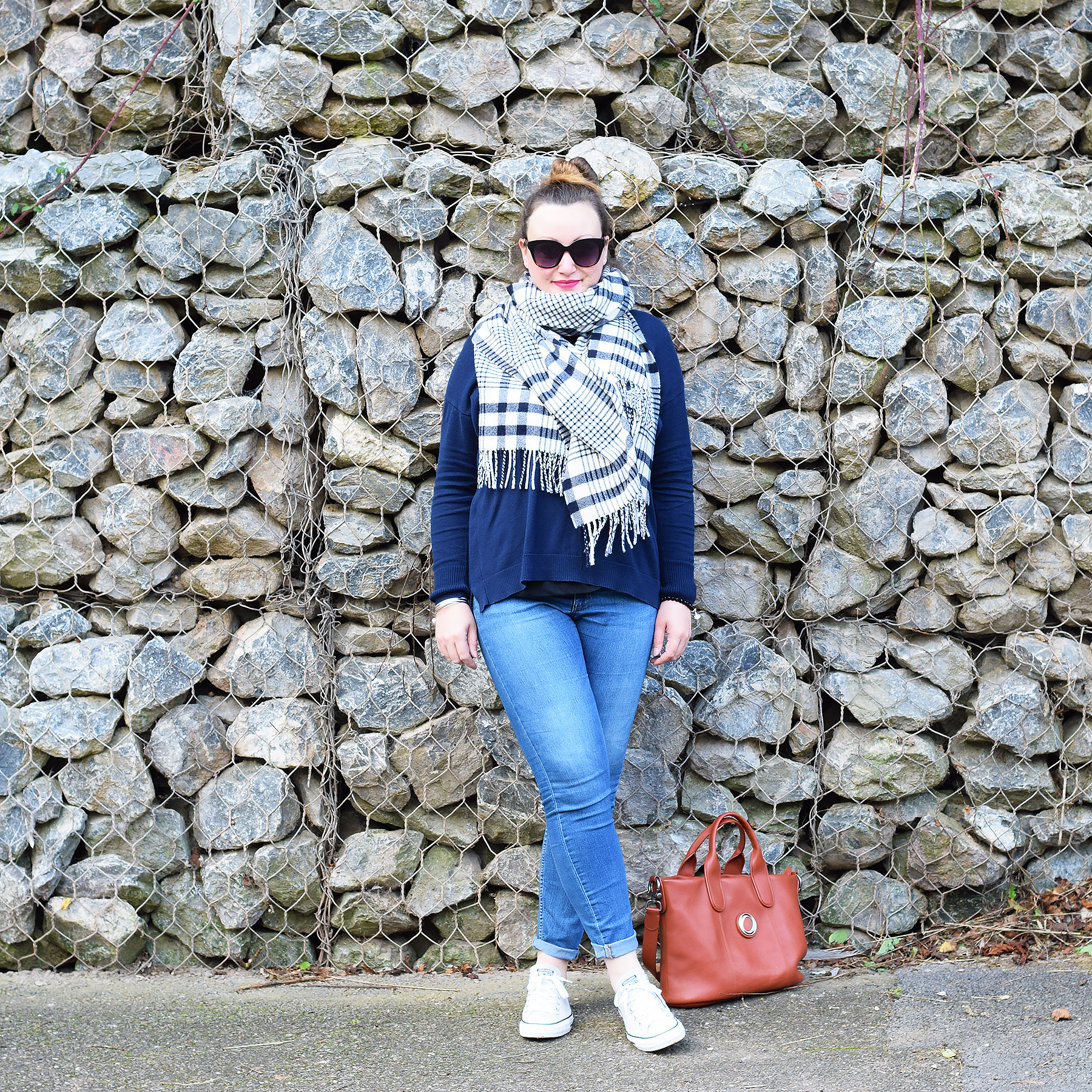 Joules Navy Oversized Jumper With checked Blanket Scarf