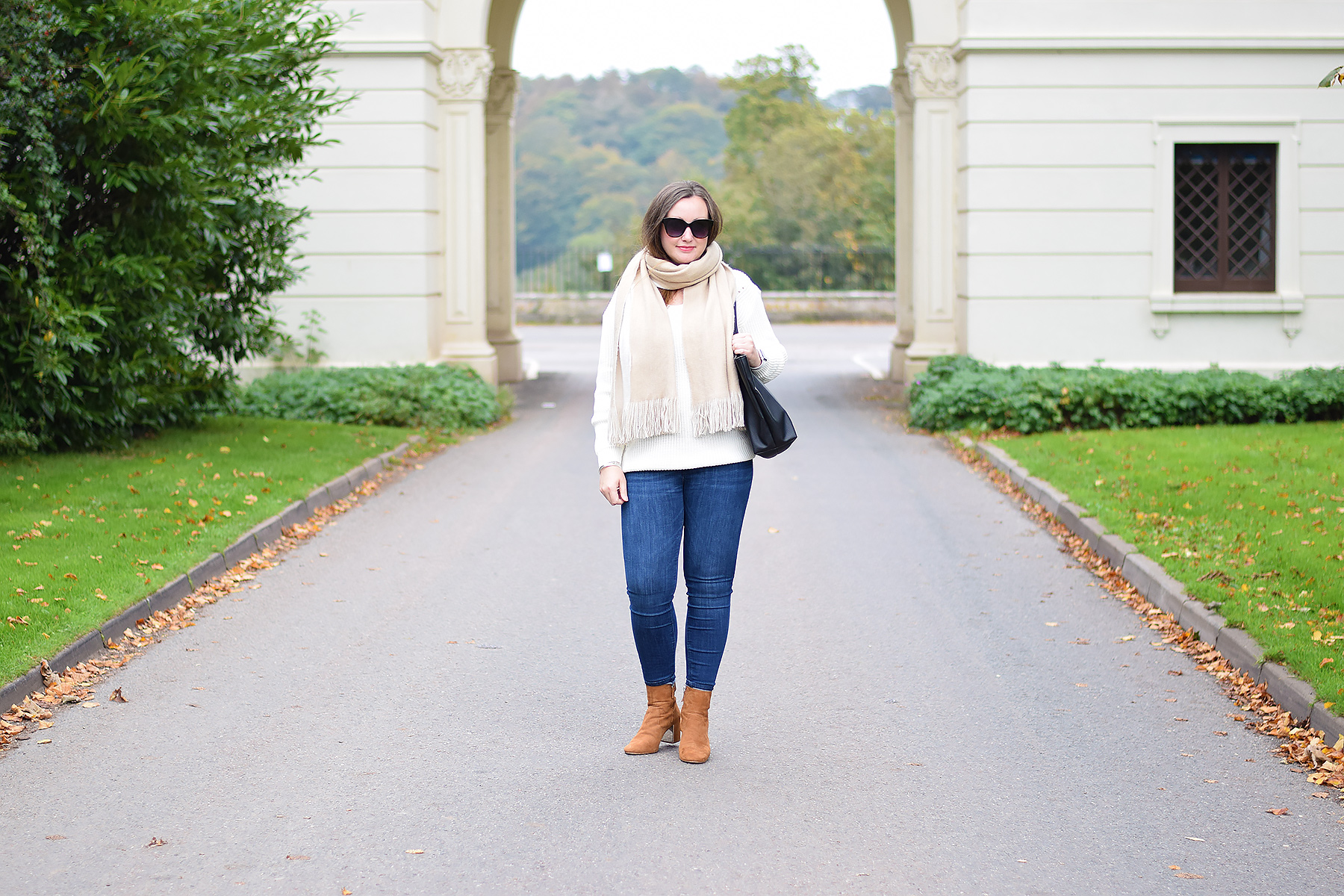 Cream jumper with camel scarf outfit