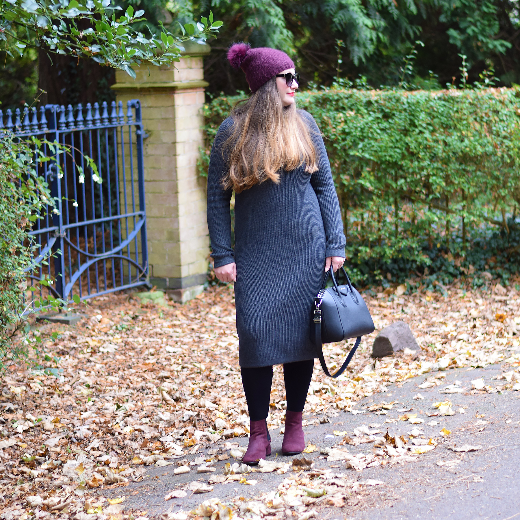 Grey Jumper Dress With Pops Of Burgundy - JacquardFlower