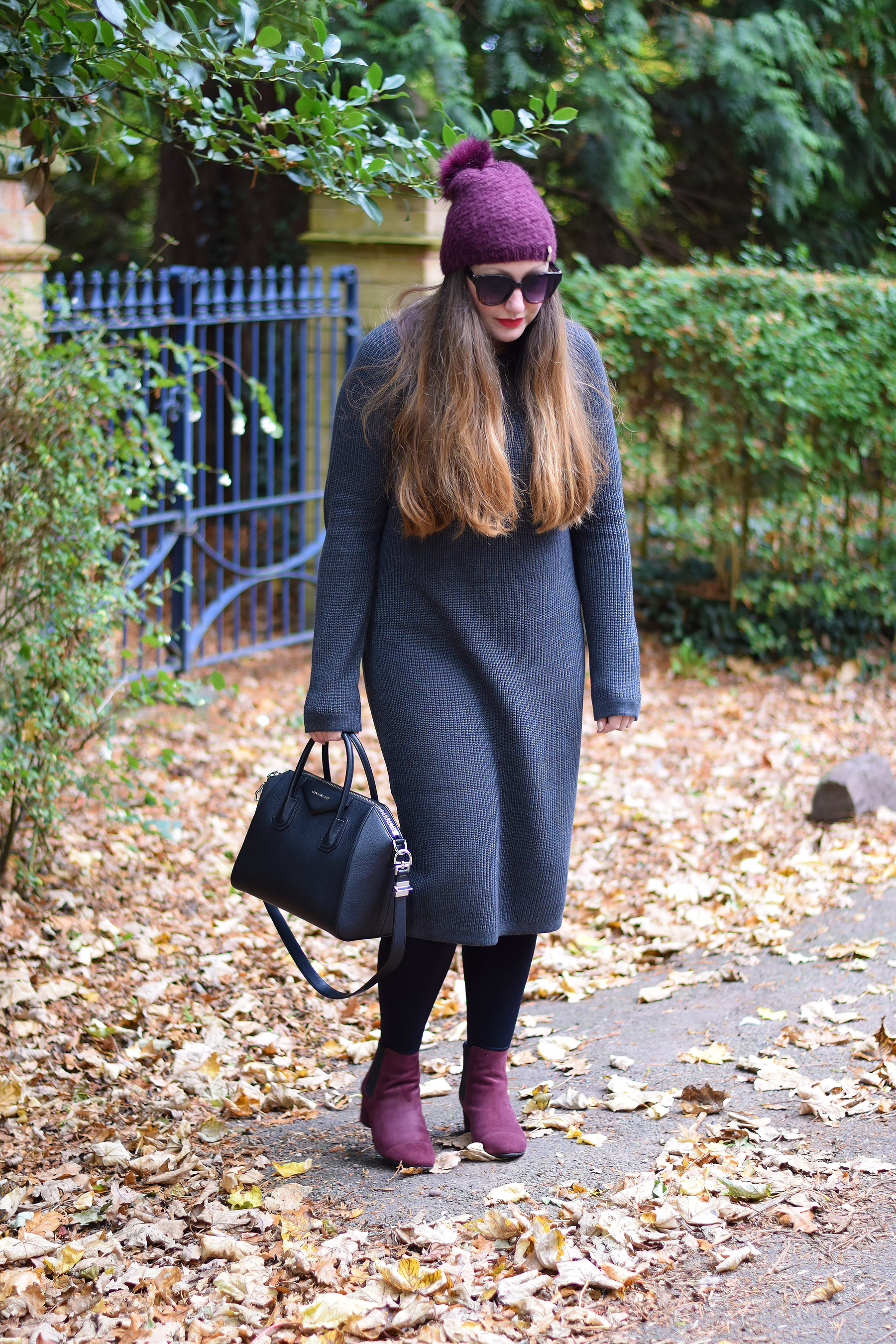 Grey Jumper Dress With Pops Of Burgundy JacquardFlower
