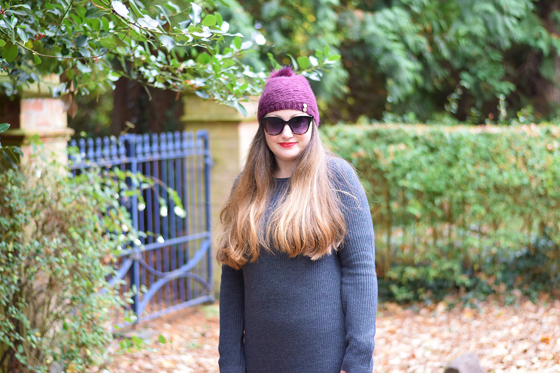 Grey Jumper Dress With Pops Of Burgundy - JacquardFlower