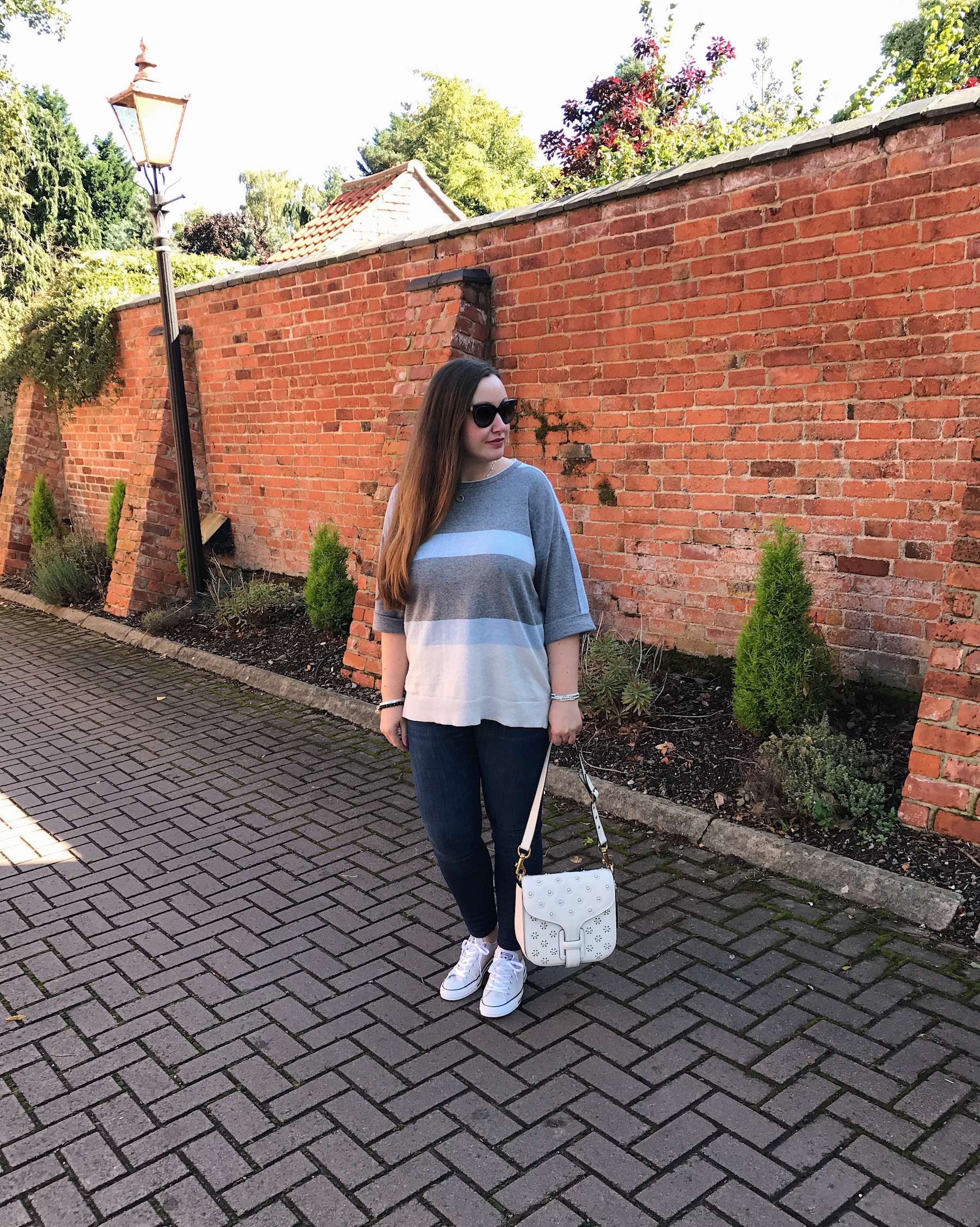 Striped Short sleeved jumper with jeans and trainers