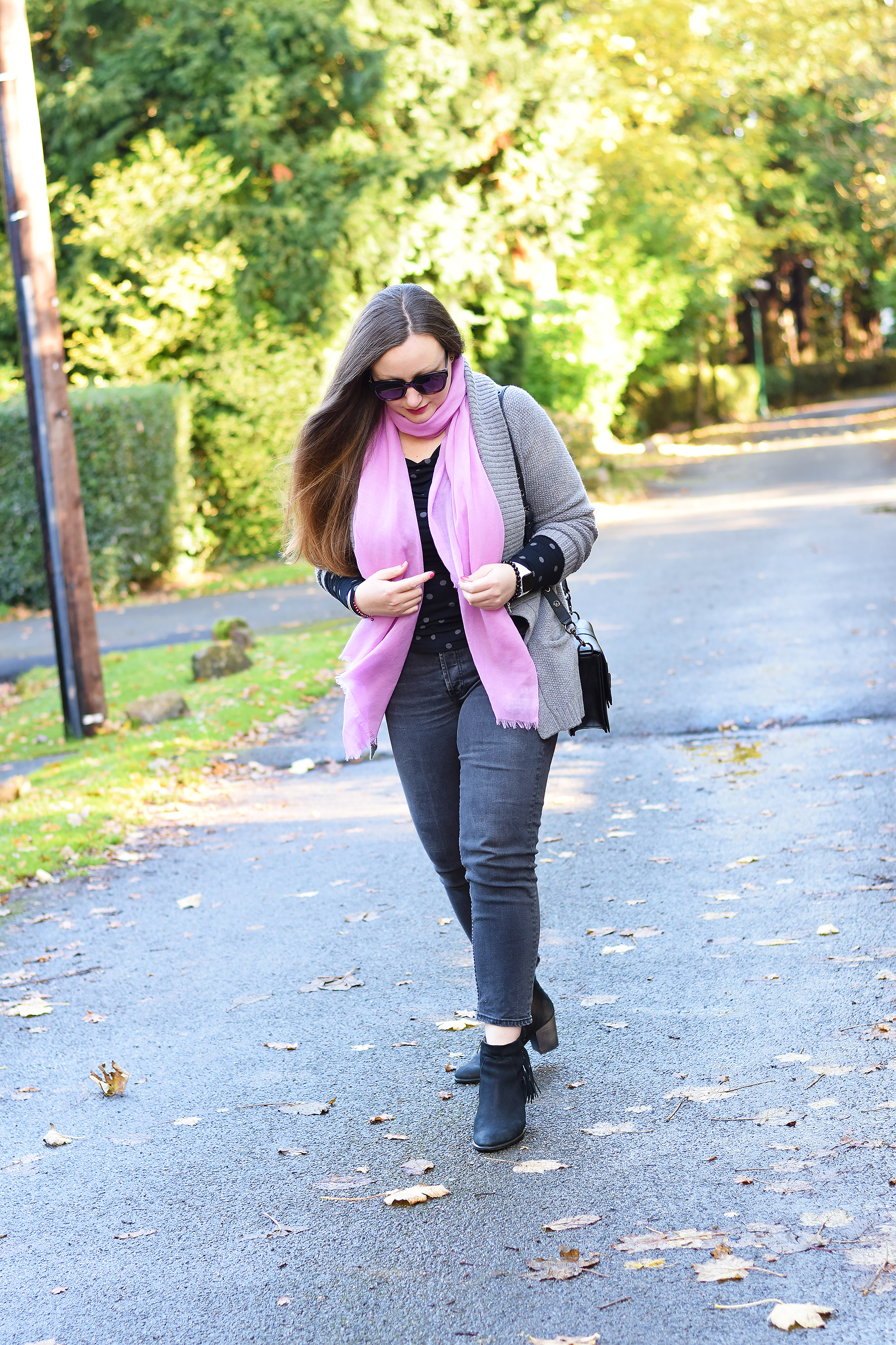 Pink scarf and grey cardigan outfit