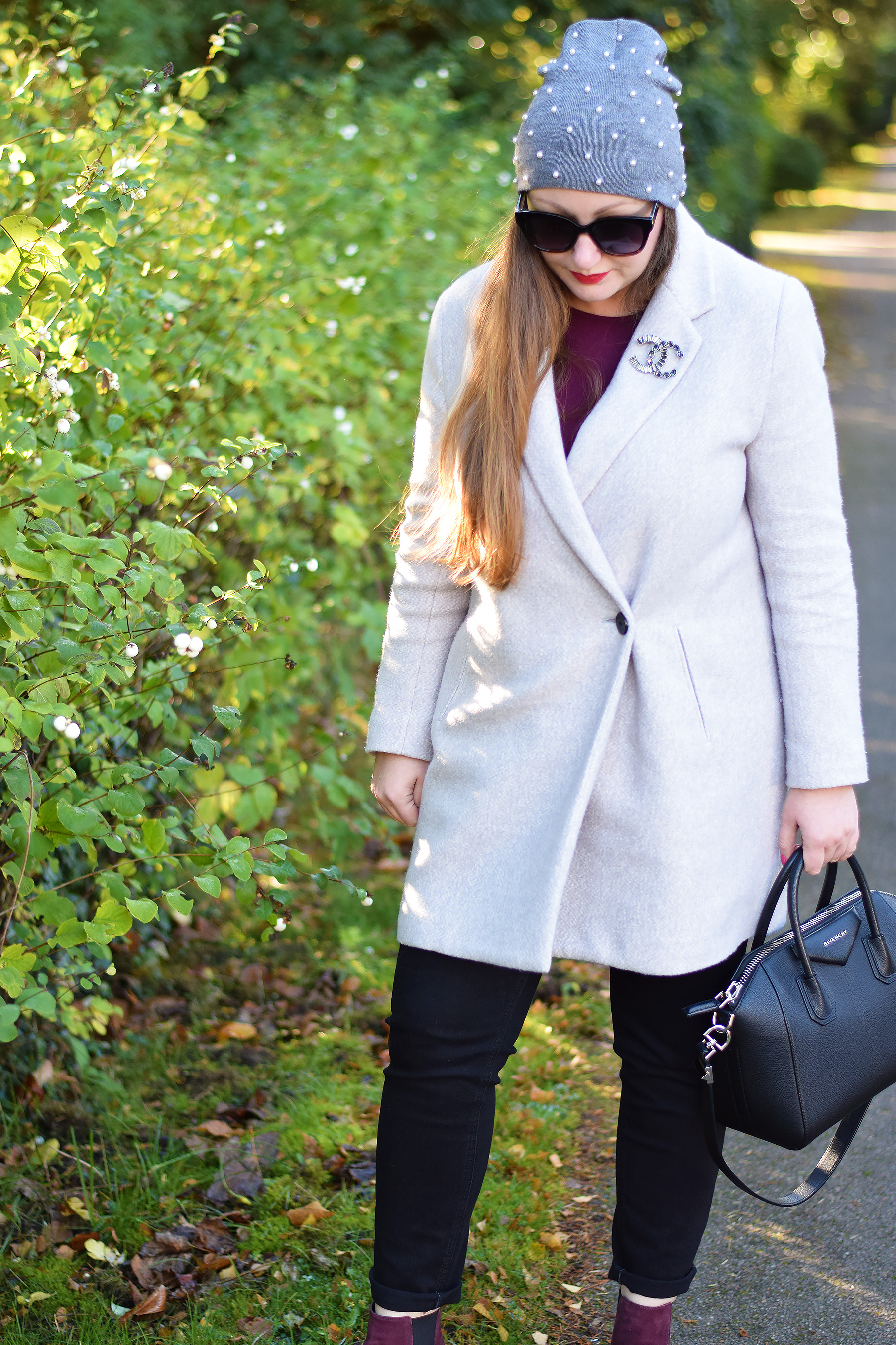 Zara Light grey coat with chanel brooch and pearl detail hat