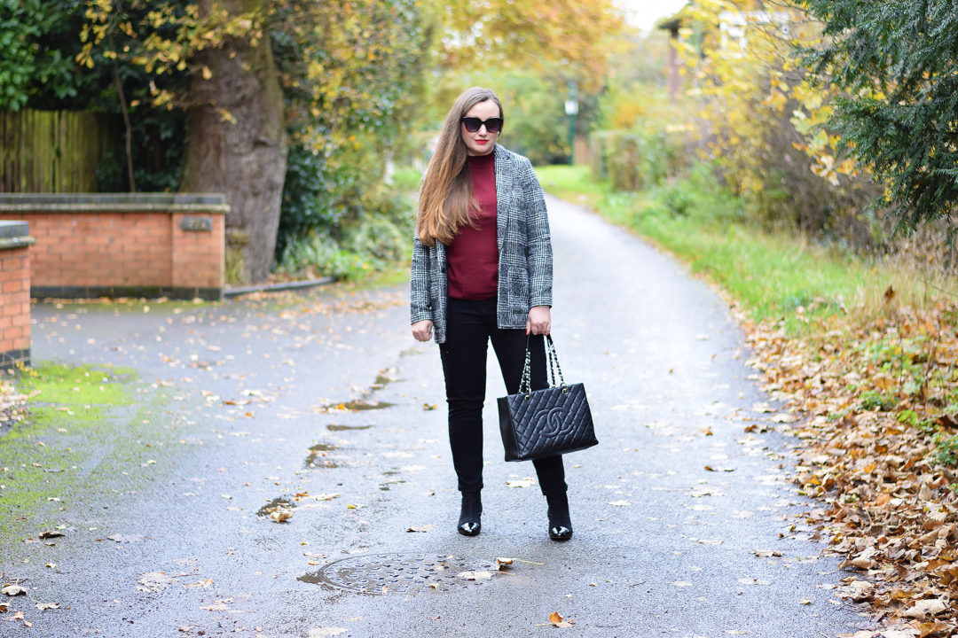 Checked blazer with burgundy jumper outfit