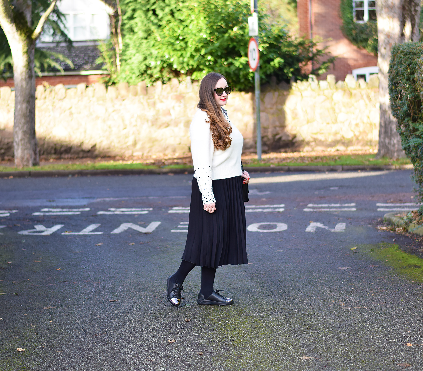 Gemma From Jacquard Flower Blog wearing FitFlop F-Sporty Mirror Toe Trainers