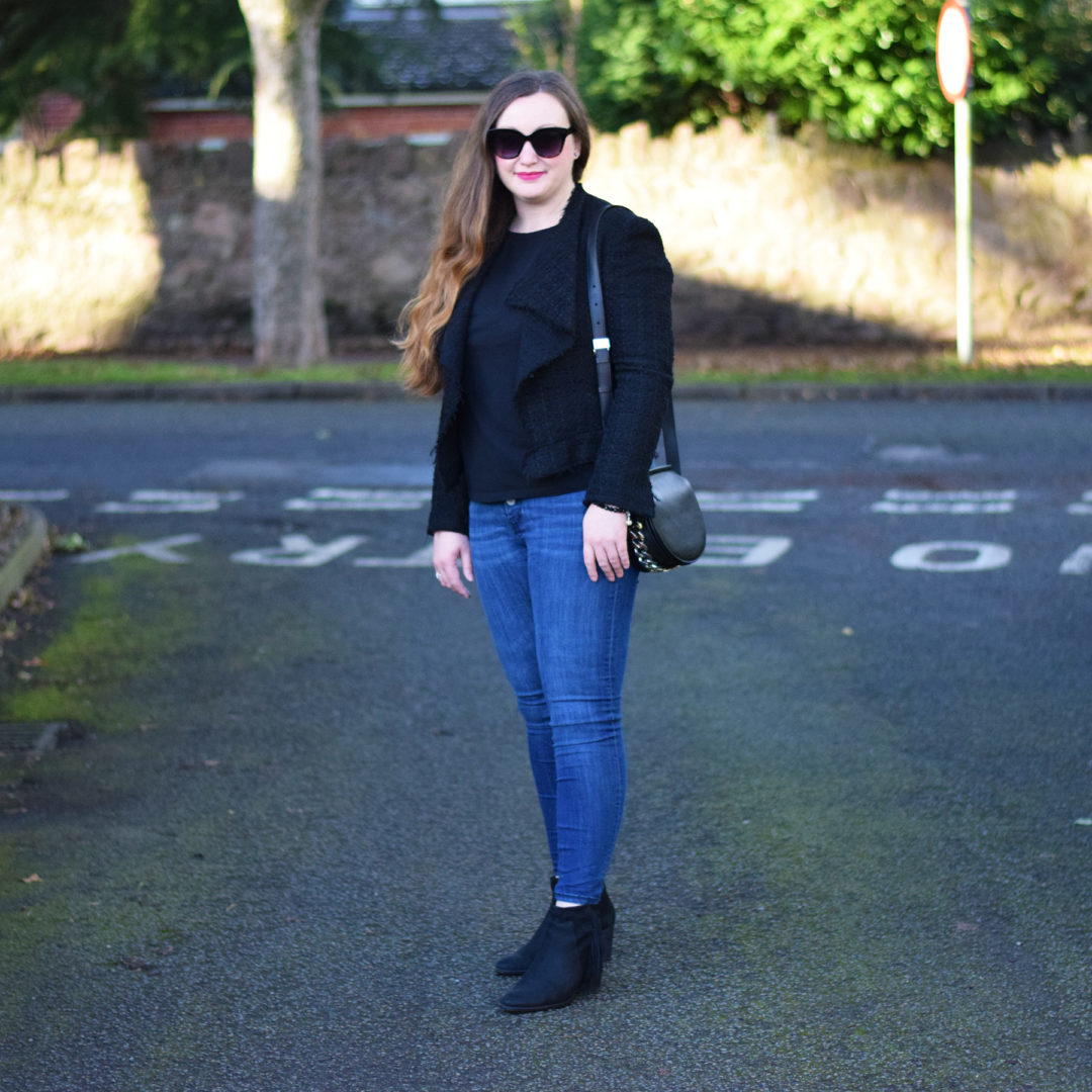 Black and denim outfit with givenchy infinity saddle bag