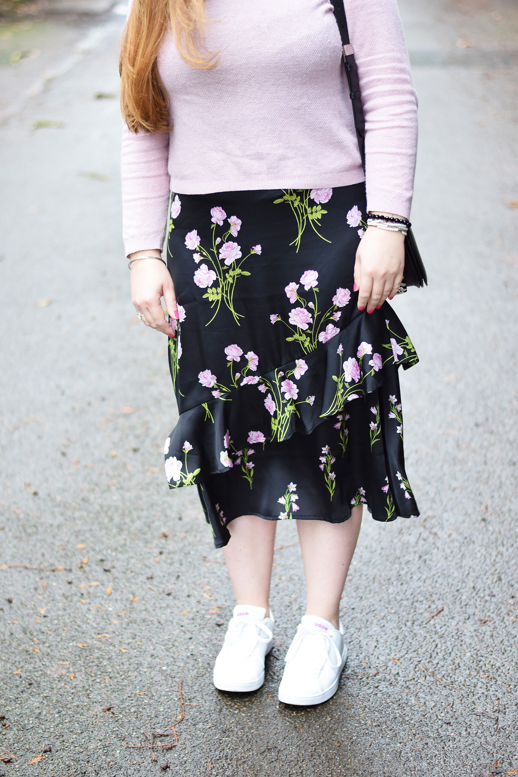 FLORAL SATIN SKIRT WITH RUFFLES 