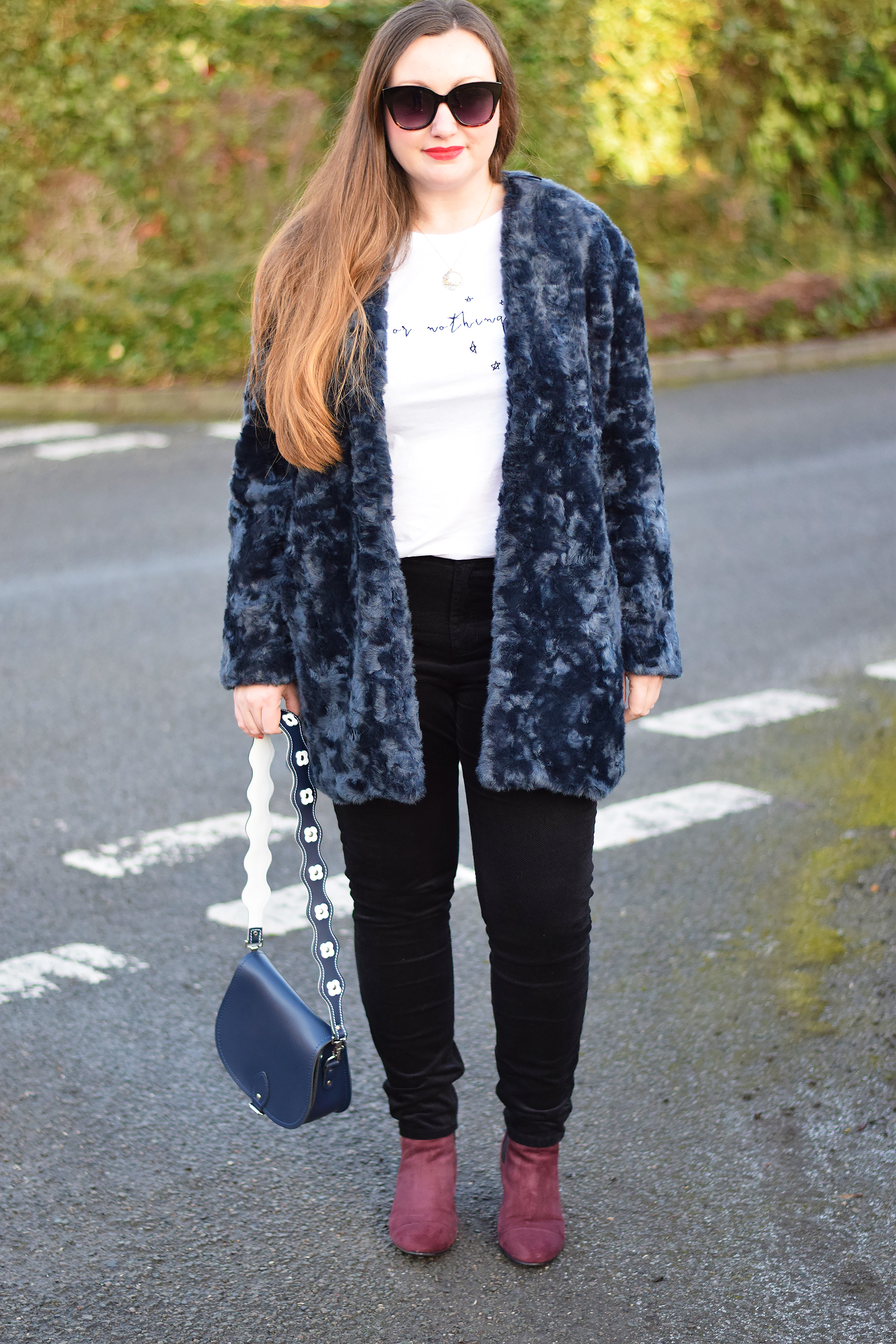 navy and black outfit with different textures