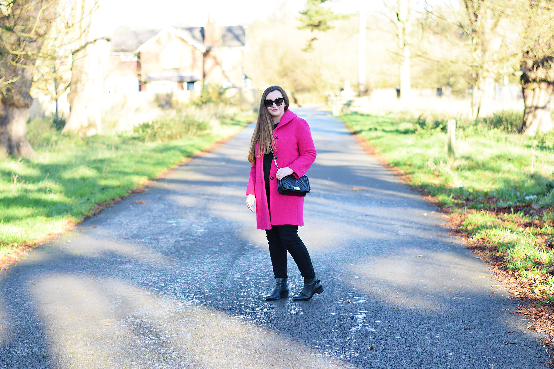 Bright pink coat with rebecca minkoff cross body bag