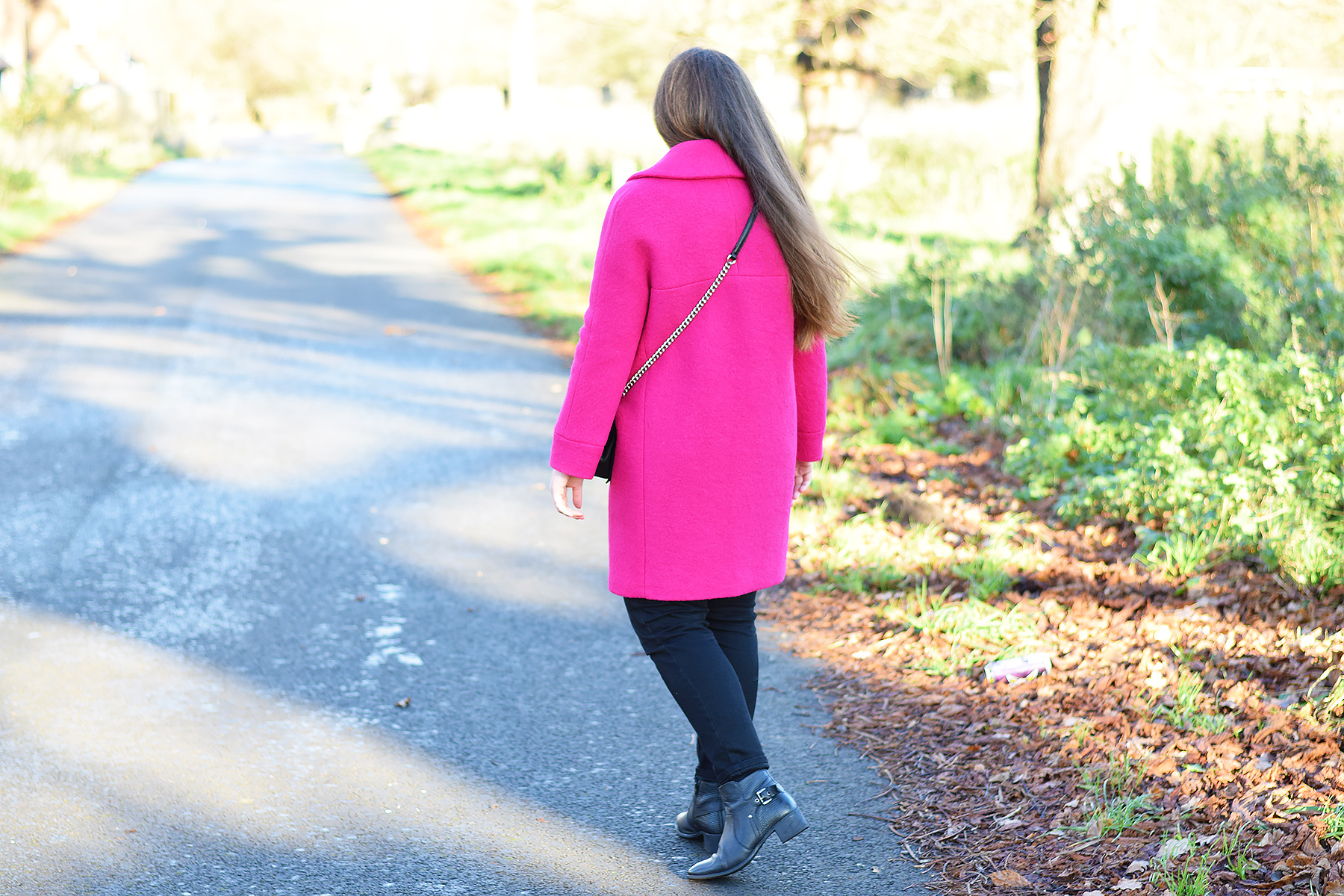 Bright pink cocoon coat outfit