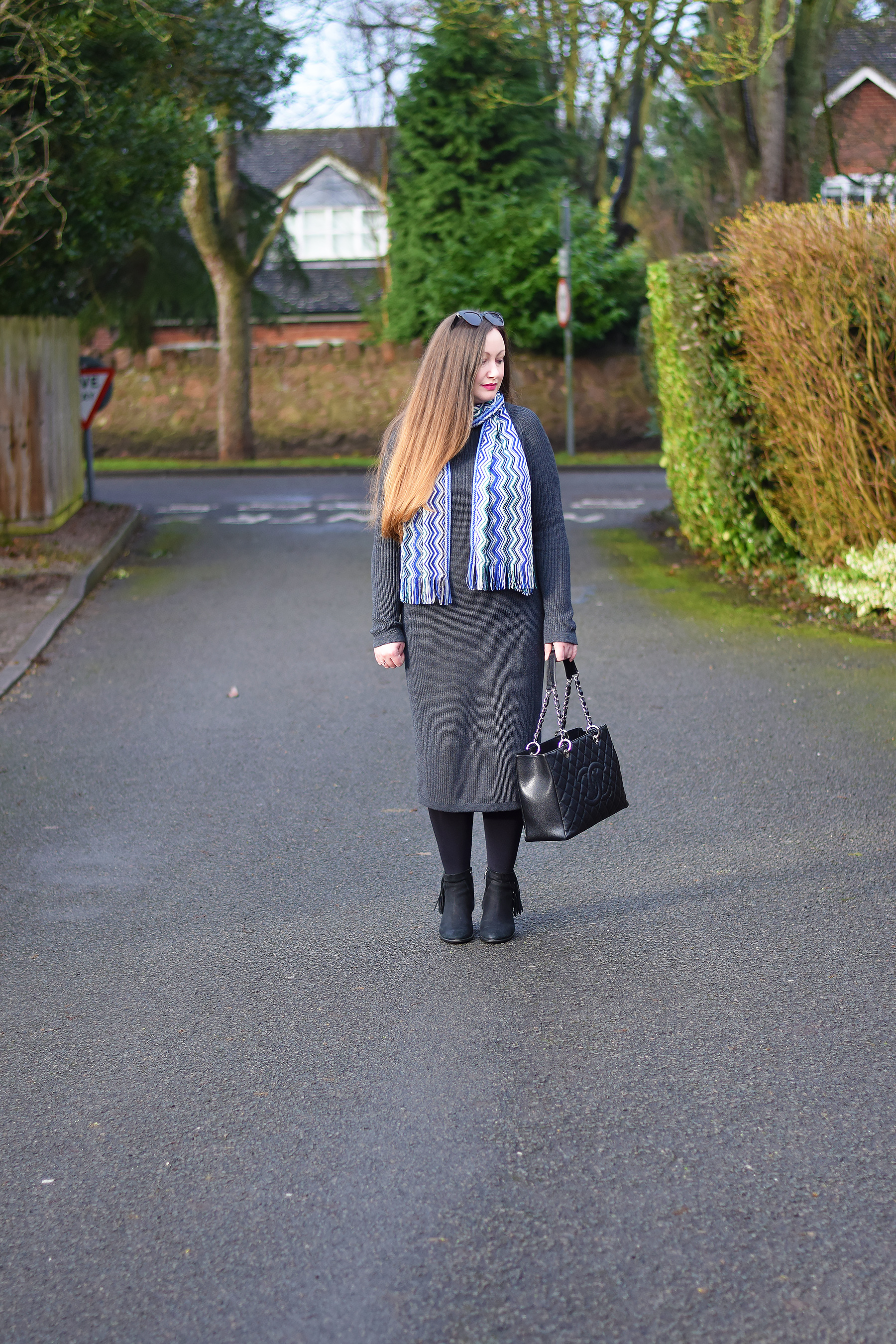 Blue missoni scarf outfit