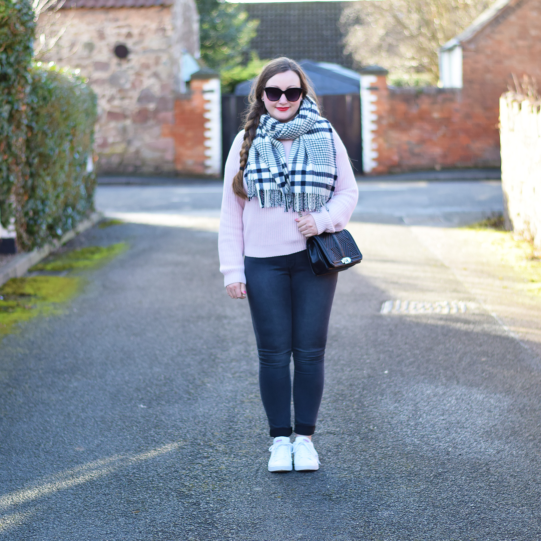 navy and white checked blanket scarf outfit