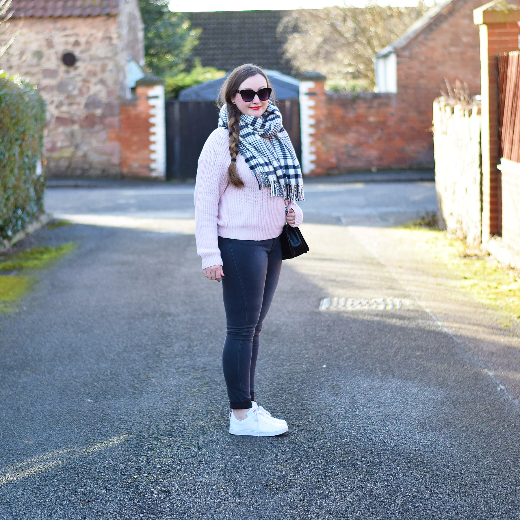 Pink Jumper and blanket scarf outfit