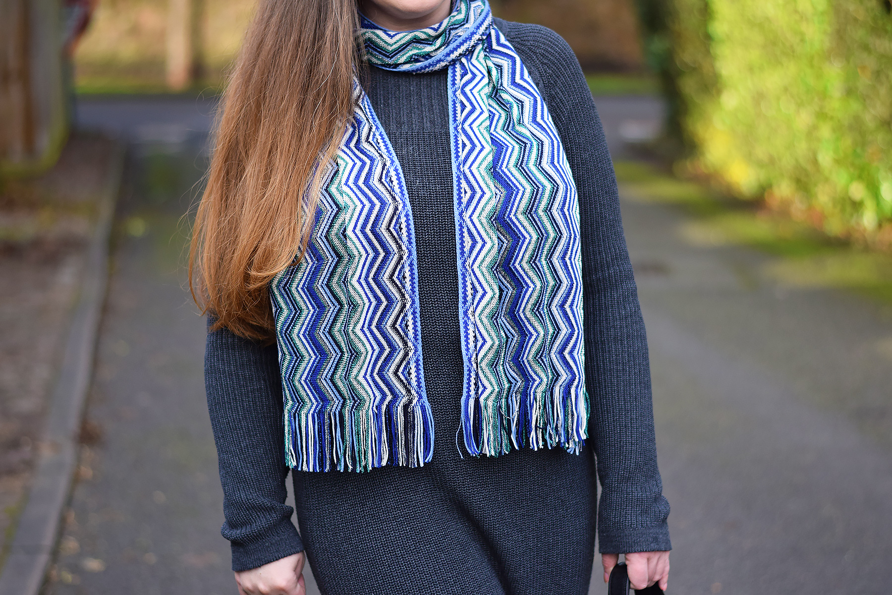 Missoni Scarf with blue grey white and green zig zag knit