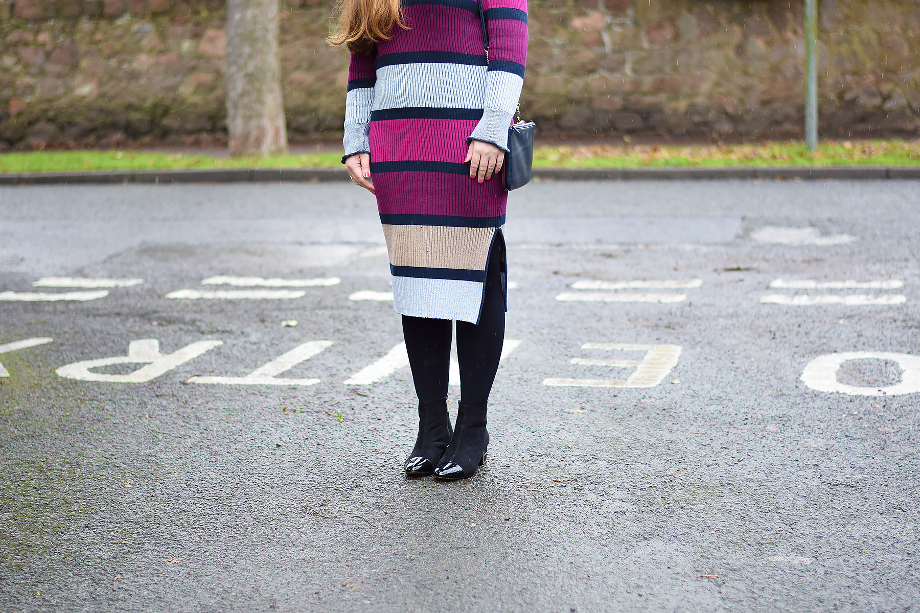 Vila pink and burgundy striped dress with sandro addict bag
