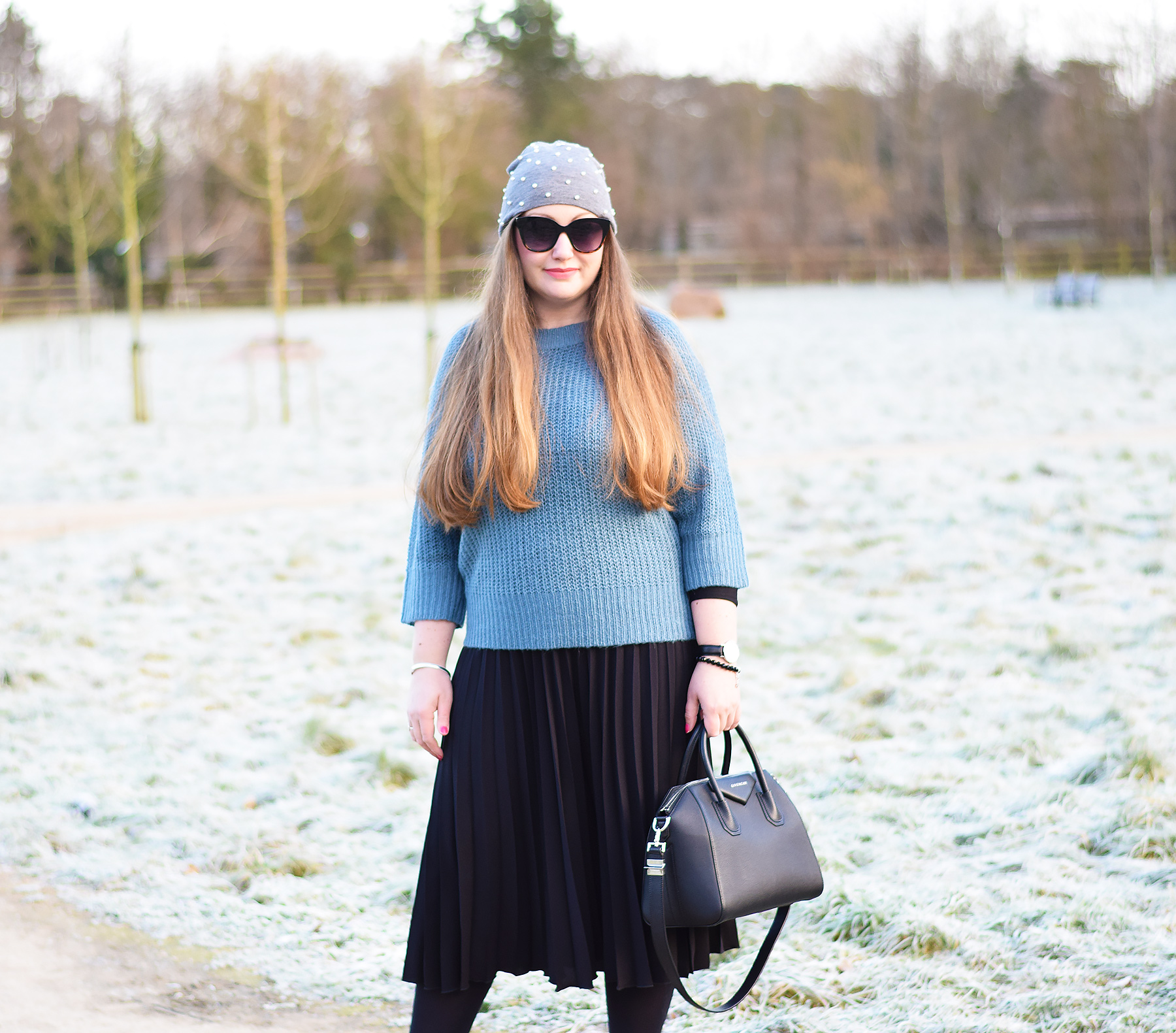Blue mohair sweater with zara pearl embellished hat