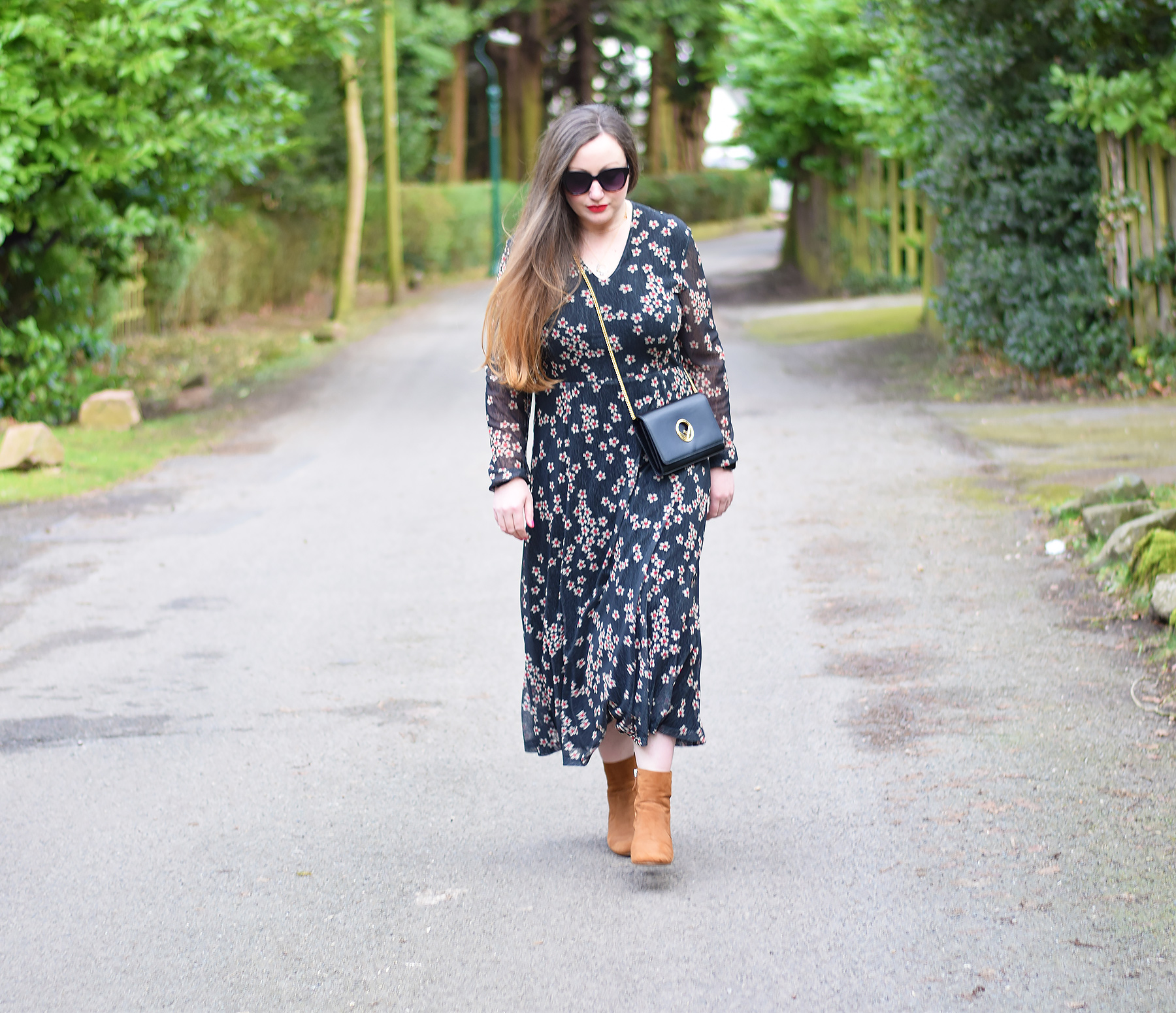 Winter maxi dress and ankle boots outfit