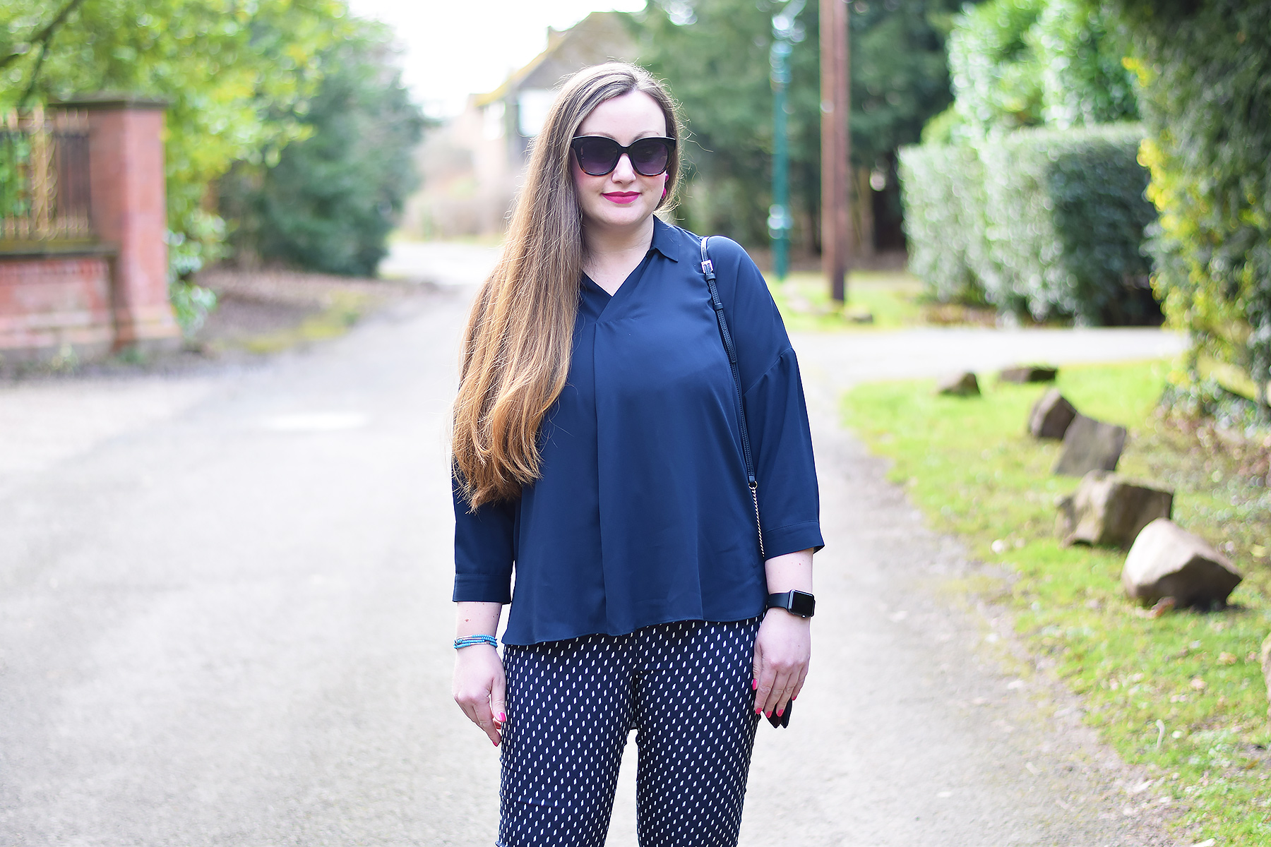 Navy Patterned Trousers Outfit – JacquardFlower