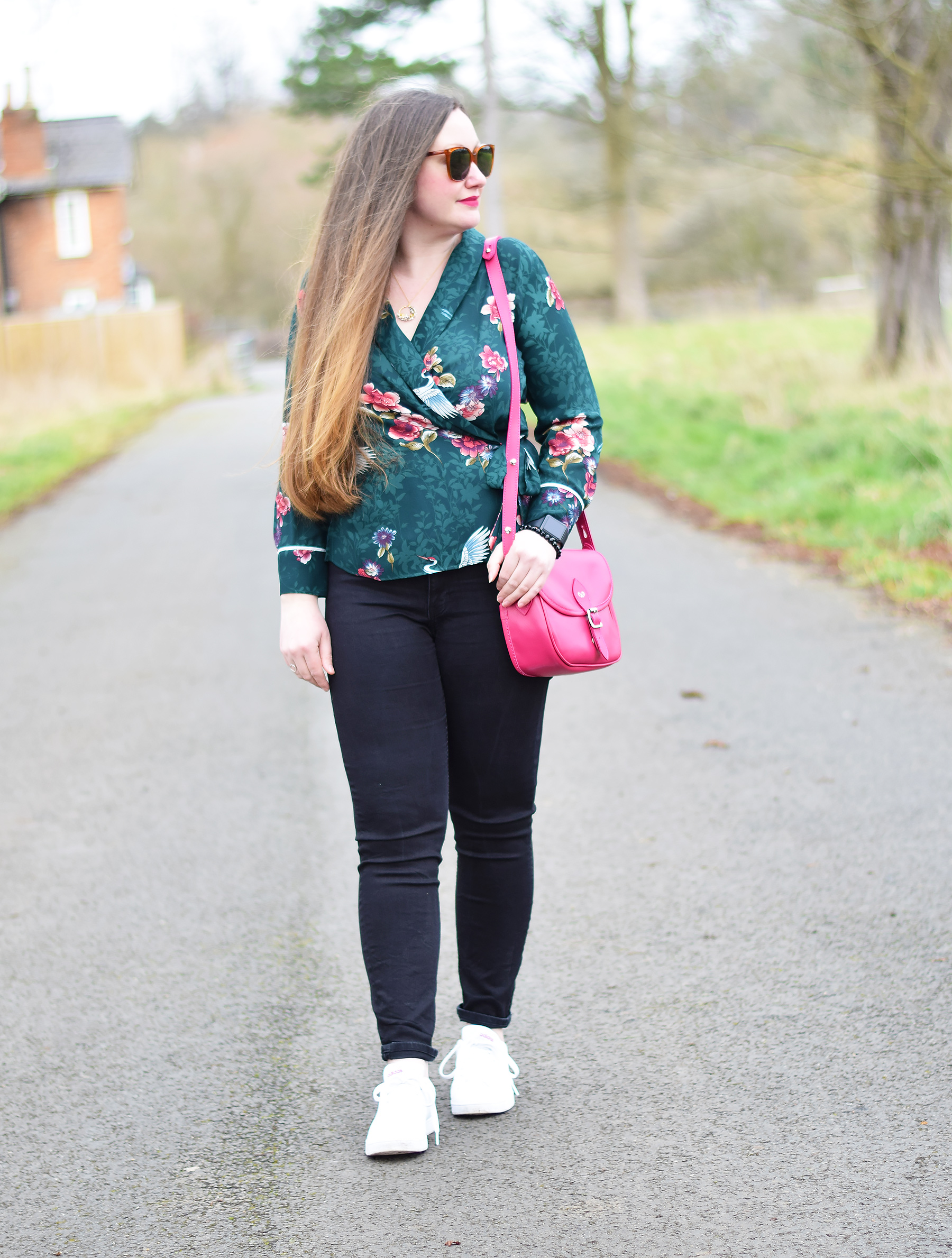 Zara green and pink floral blouse 