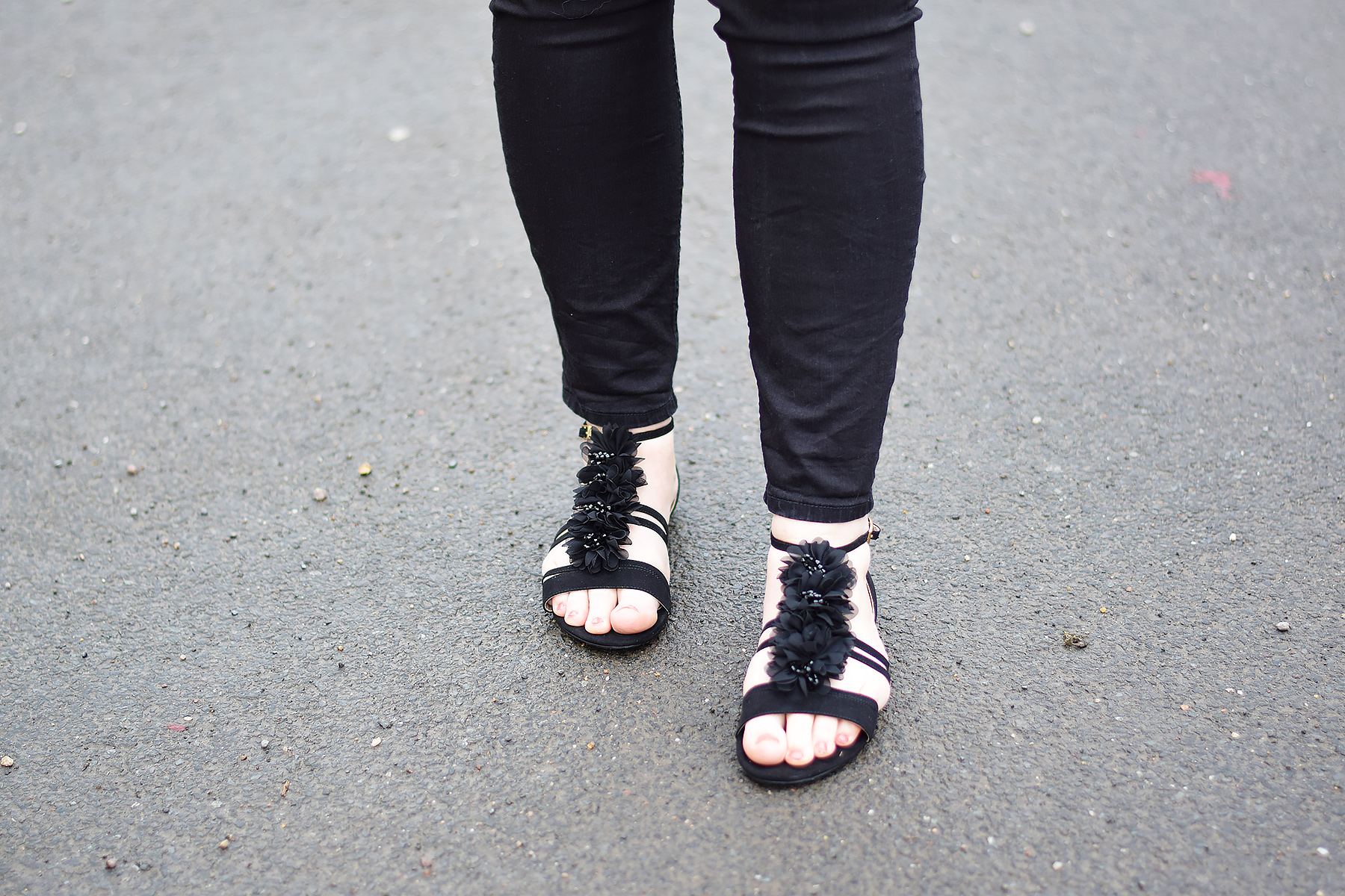 Lotus Elise Open Toe Sandals With Black Chiffon Flowers