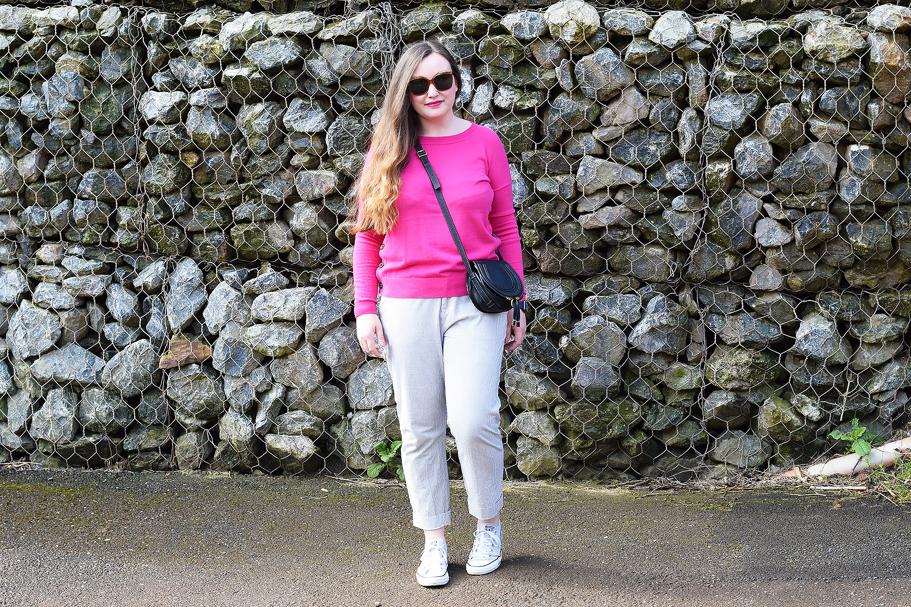 Striped Trousers and pink jumper outfit