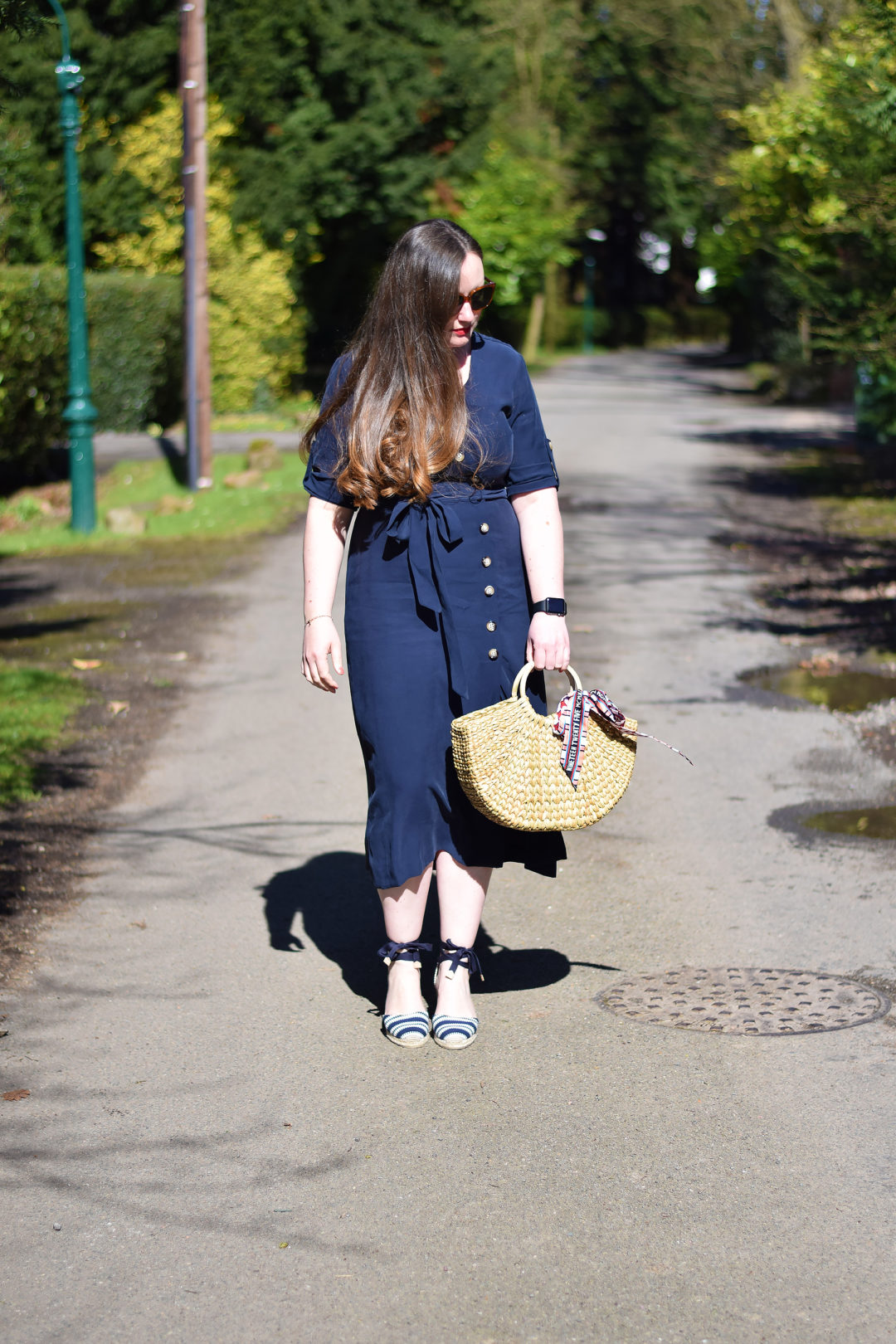 Navy Dress With Buttons Outfit JacquardFlower