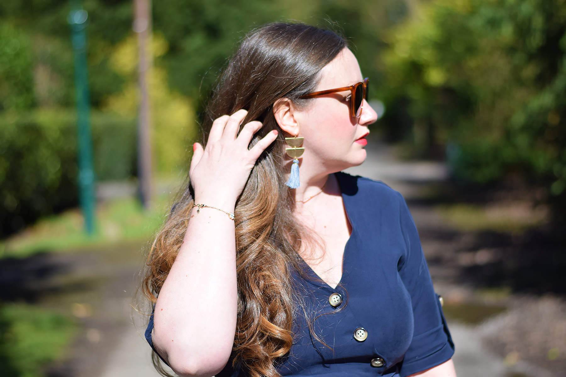 Grey And Glad Tassel Earrings With Zara dress and Gucci Sunglasses