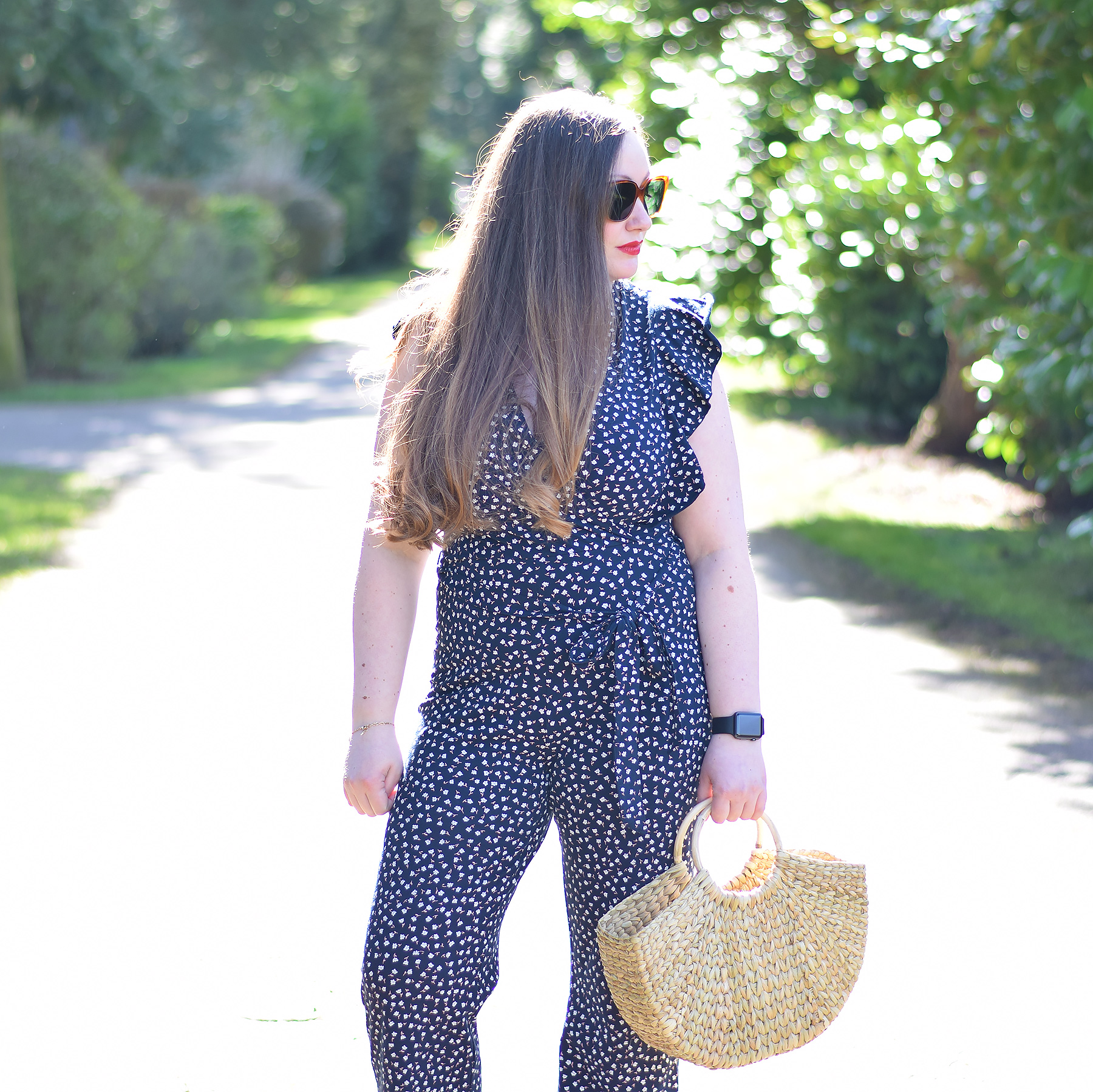 Floral jumpsuit and zara basket bag with round handles