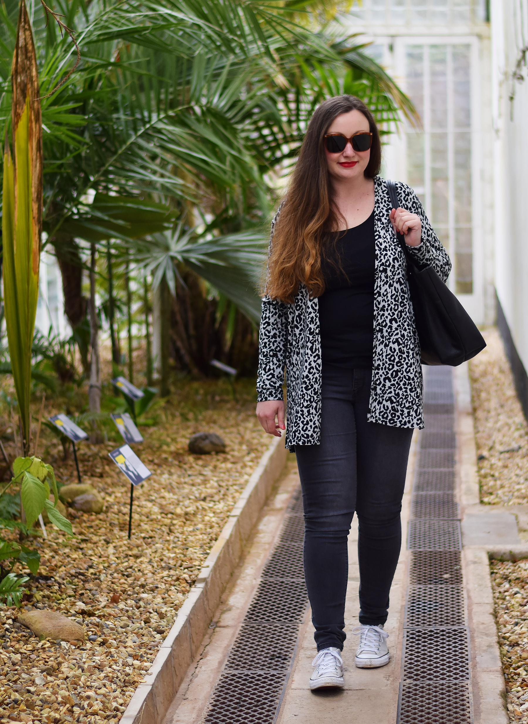 Black and white leopard print cardigan outfit at the palm house 