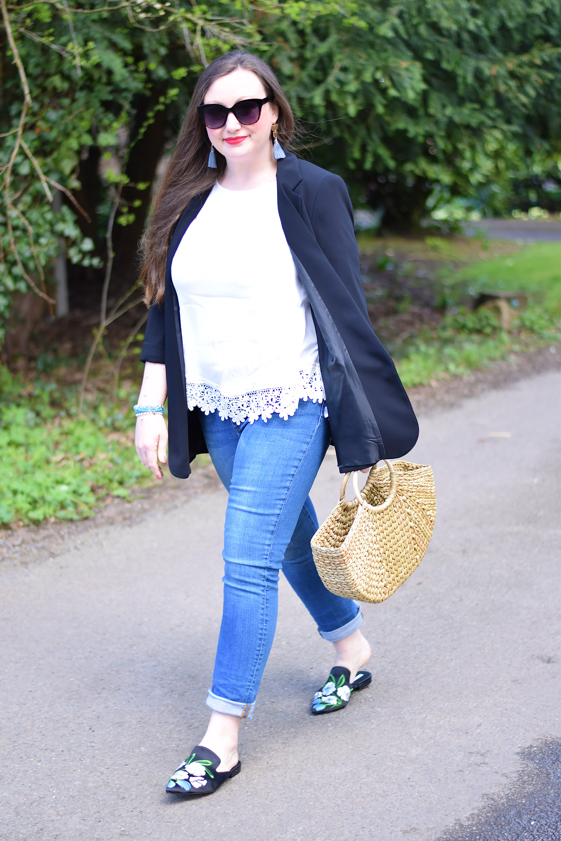 Black blazer with jeans basket bag and embroidery mules