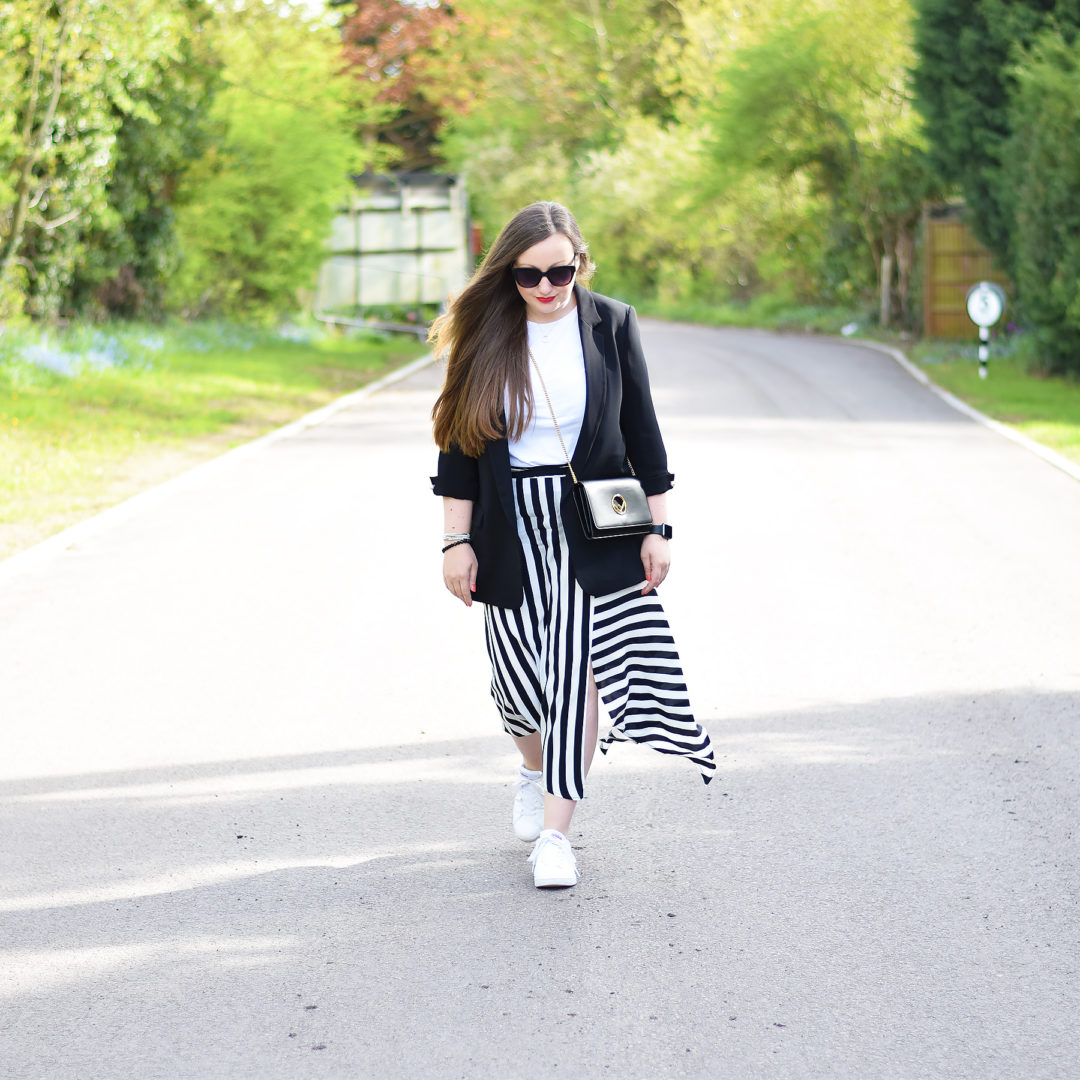 Striped skirt and long length blazer outfit
