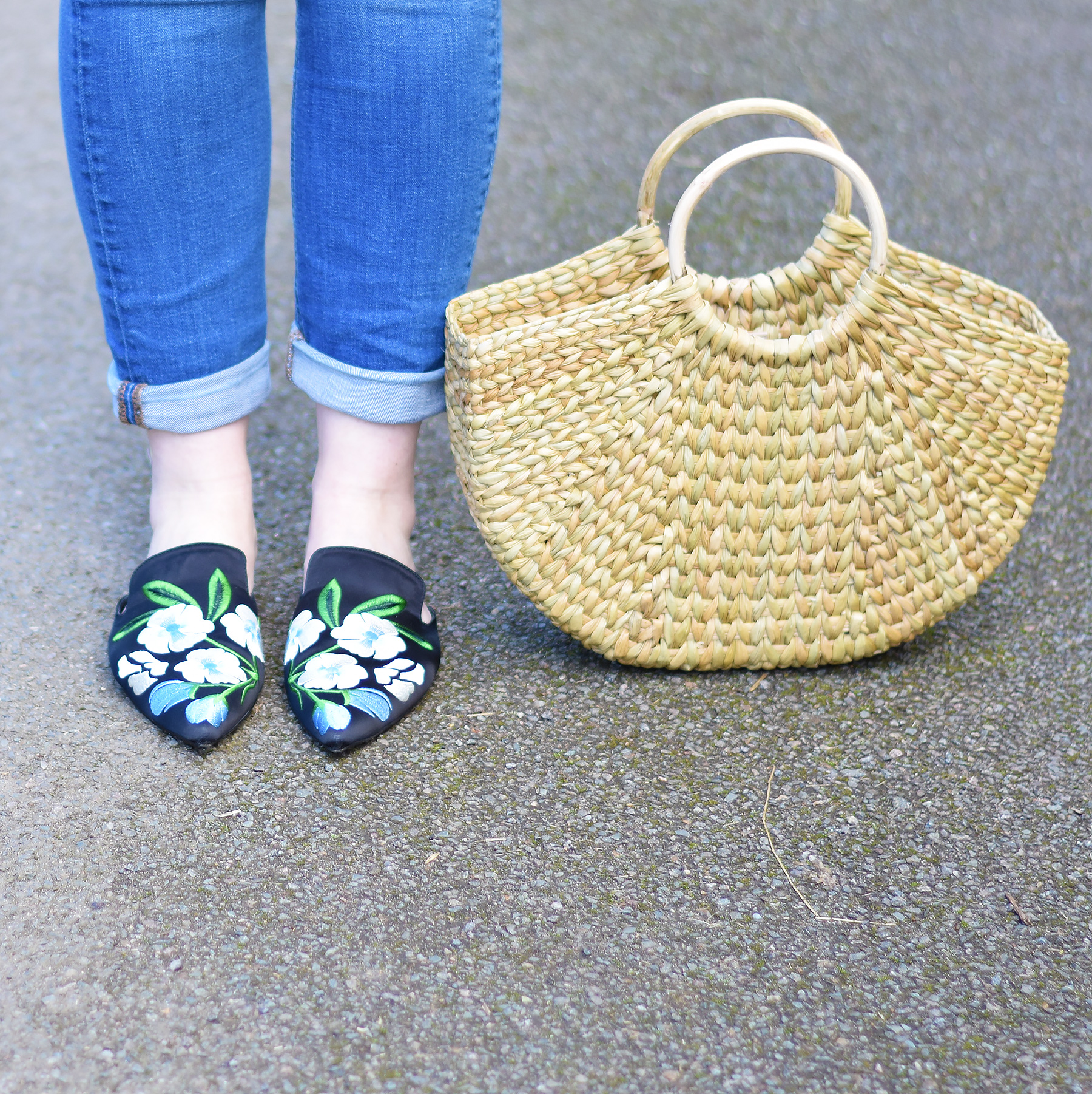 Zara pointed mules and straw bag with rounded handles