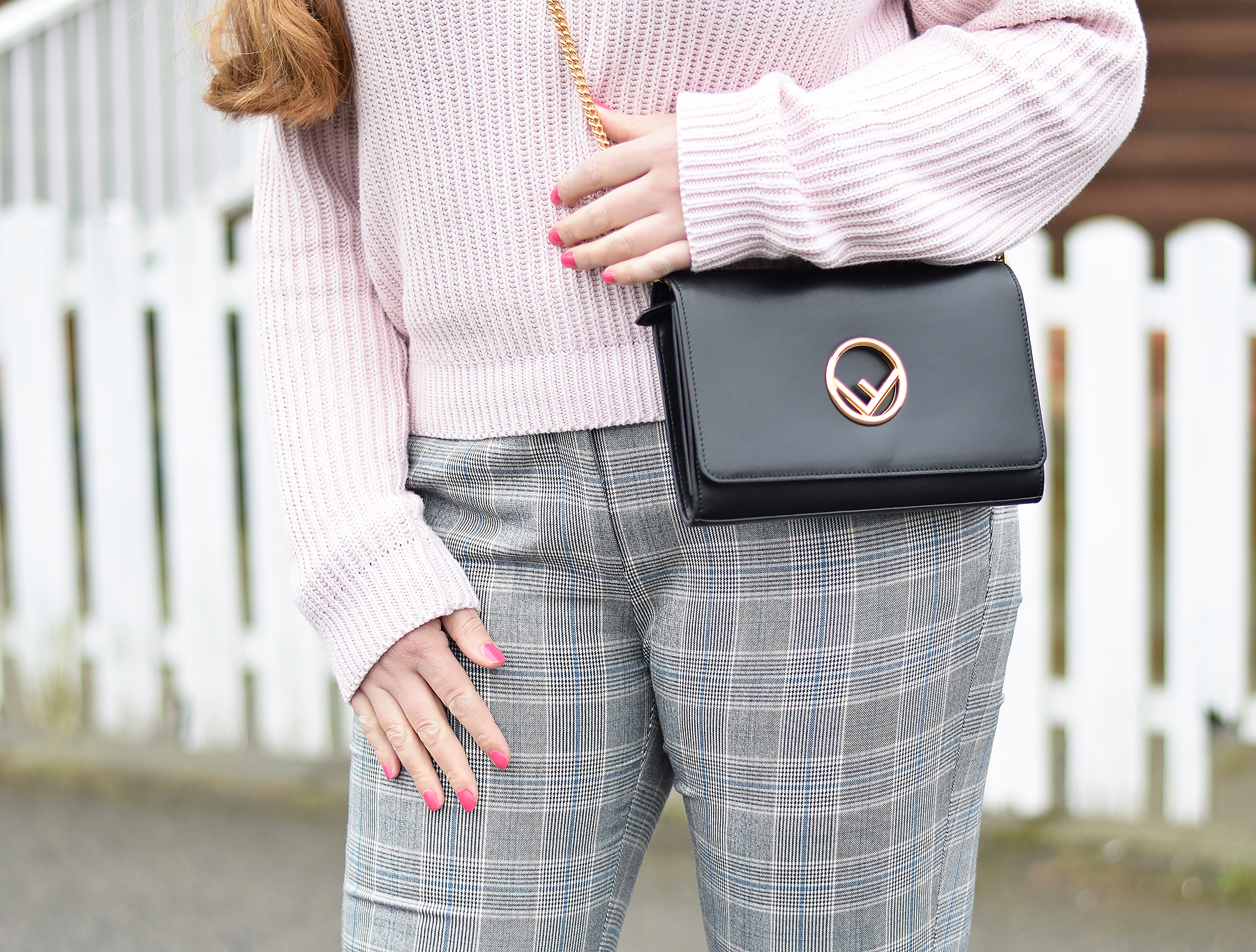 Zara black white and blue checked trousers with Fendi bag