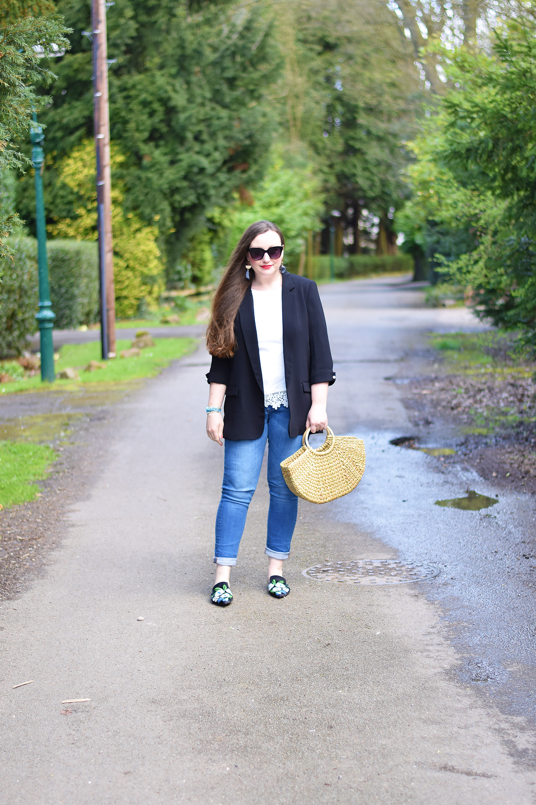 Three Ways to wear a black blazer jeans and a basket bag