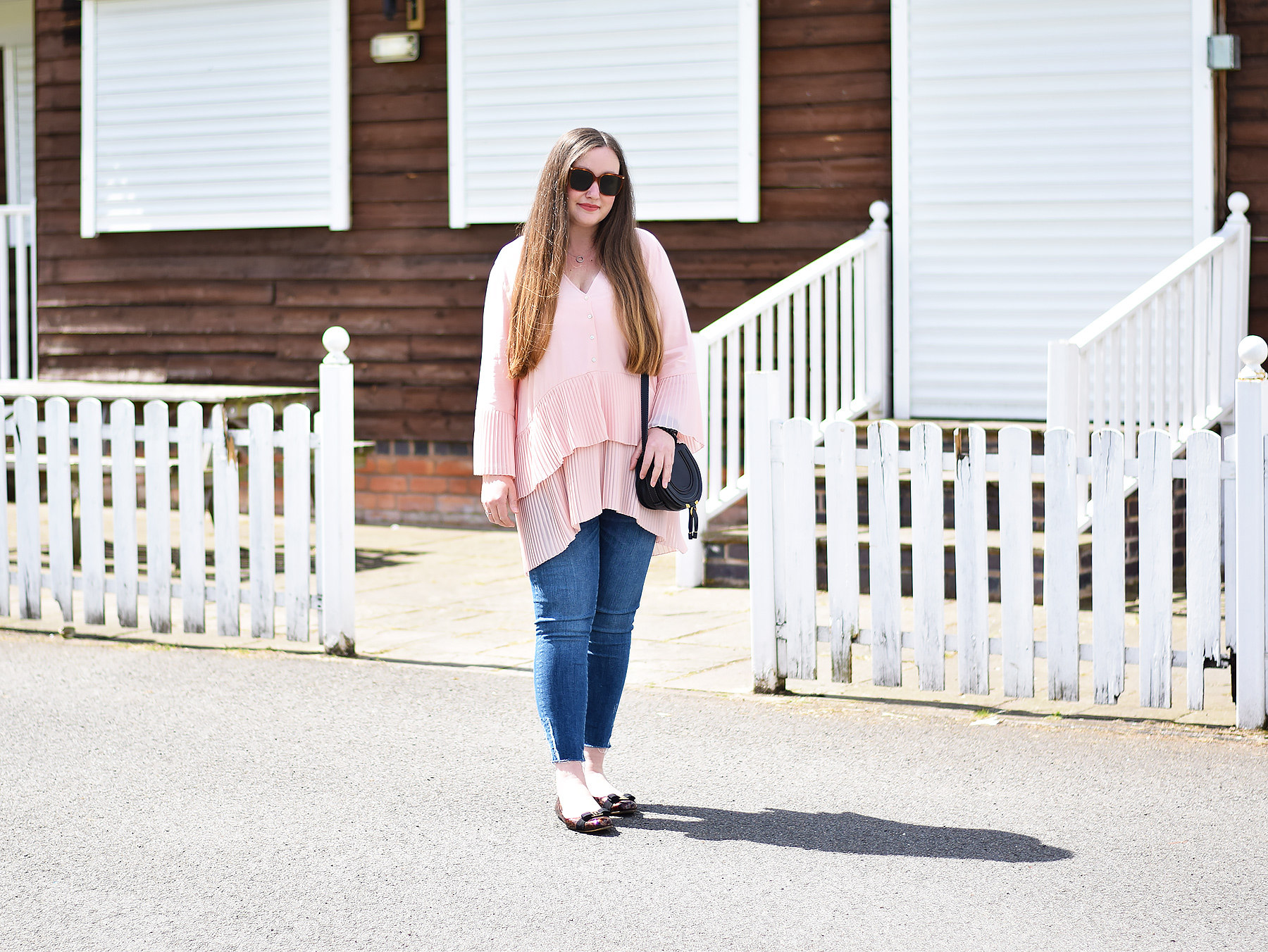 Pink pleated blouse outfit